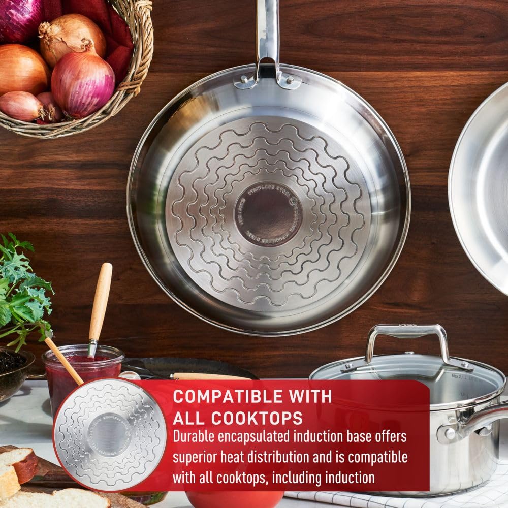 T-FAL Stainless, Frypan Skillet,30 cm, Premium Grade 18/10 Stainless Steel, Encapsulated Base, with Interior Measuring Marks, Induction Safe, Oven-Safe up to 500˚F, Silver