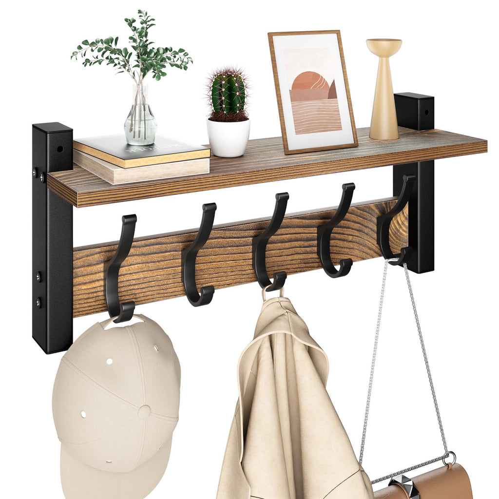 Coat Rack Wall Mount with Shelf, 17.1 Inch Coat Hanger Walls Mounted, Hat Rack for Walls, Shelf with 5 Coat Hooks, Wall Hanger for Entryway (Brown)