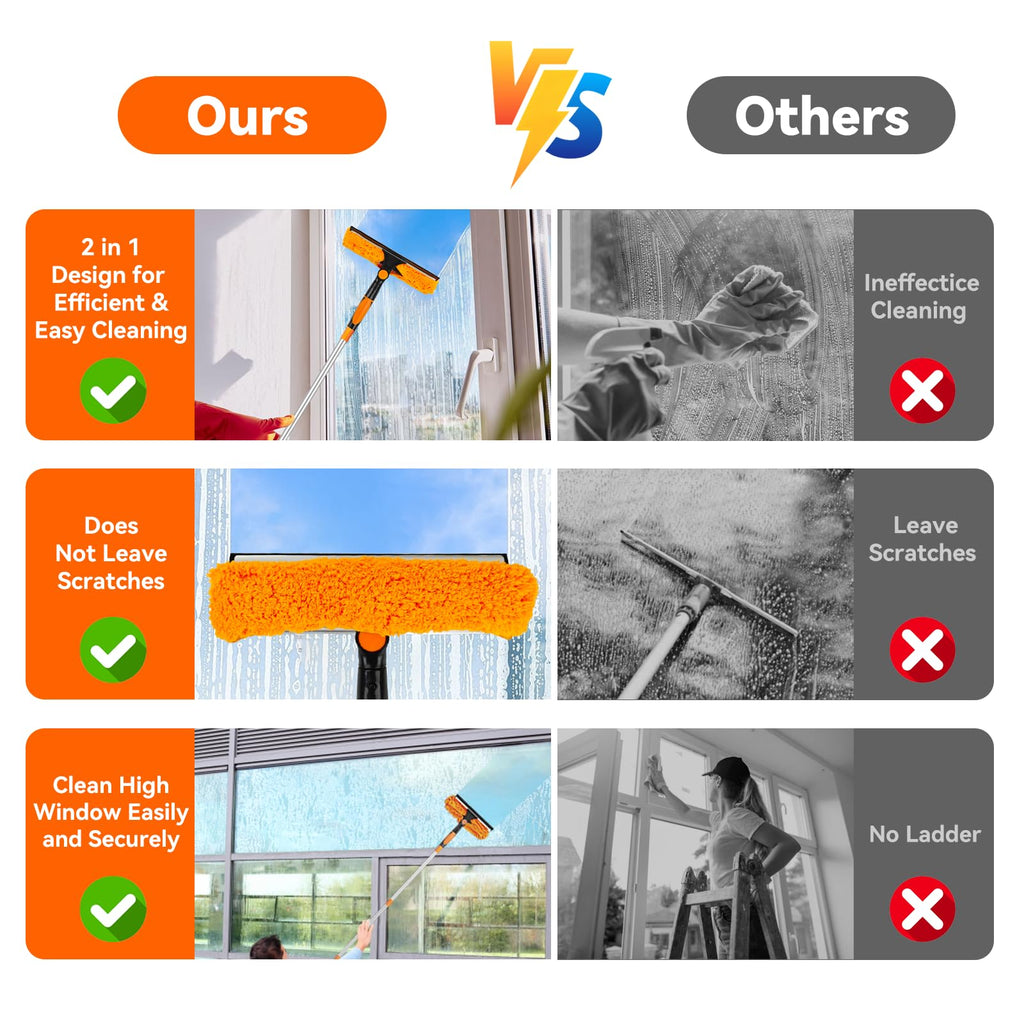 Window Cleaning Tools Window Squeegee: 2 in 1 Double-Sided Professional Cleaner Window Washing Kit with Extension Pole 20+ Ft Duster for High Ceilings Microfiber Scrubber for Indoor Outdoor High Glass