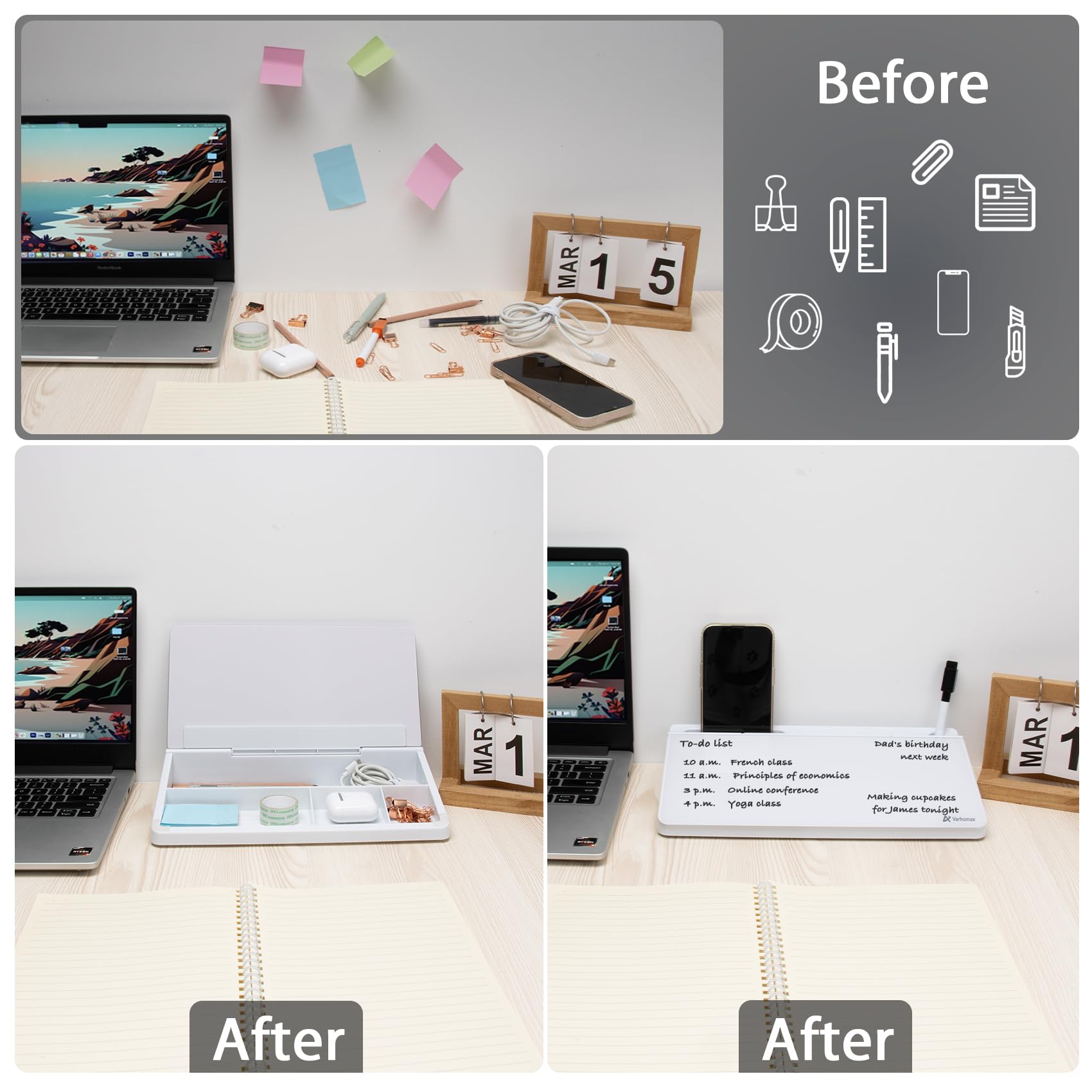 Varhomax Small Glass Desk Whiteboard, Dry Erase Desktop White Board with Storage Caddy to-do List Desk Buddy Memo Notepad for Office, School and Home Office Accessories Supplies