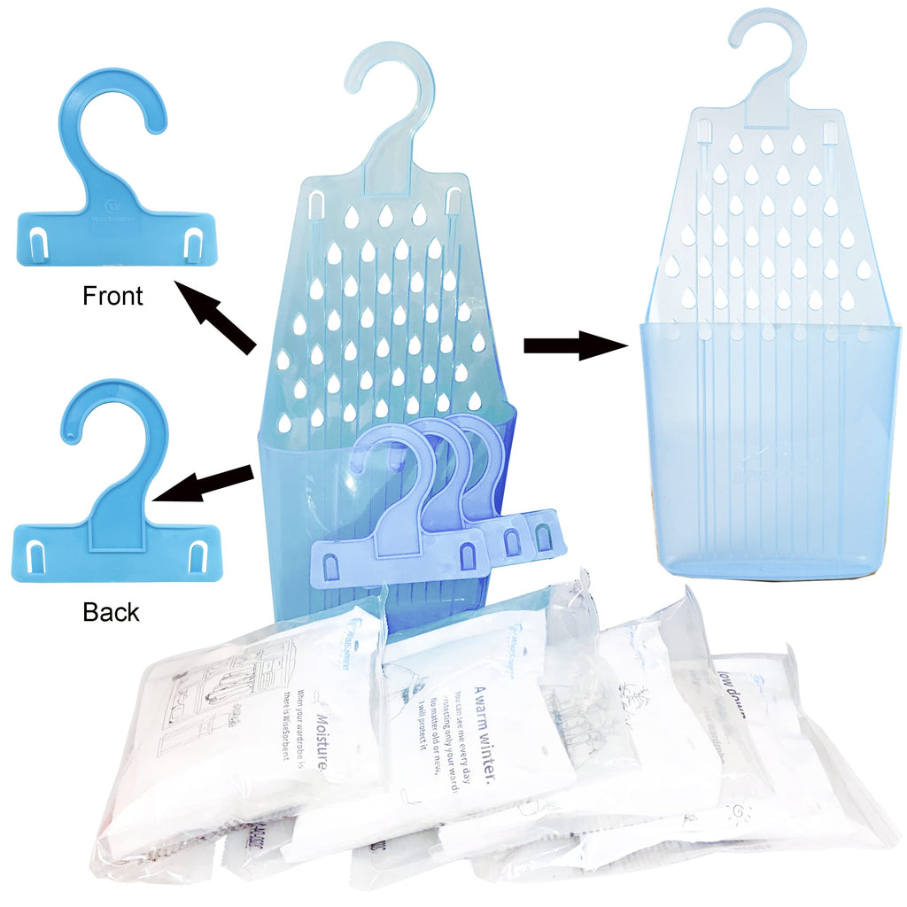 Wisesorb Moisture Absorber Packets with Plastic Case & Hook, Odor Eliminator, Leak Proof, Fragrance Free, Humidity Packs, Hanging Closet Dehumidifier Bags, Moisture Absorber (4 Packs)