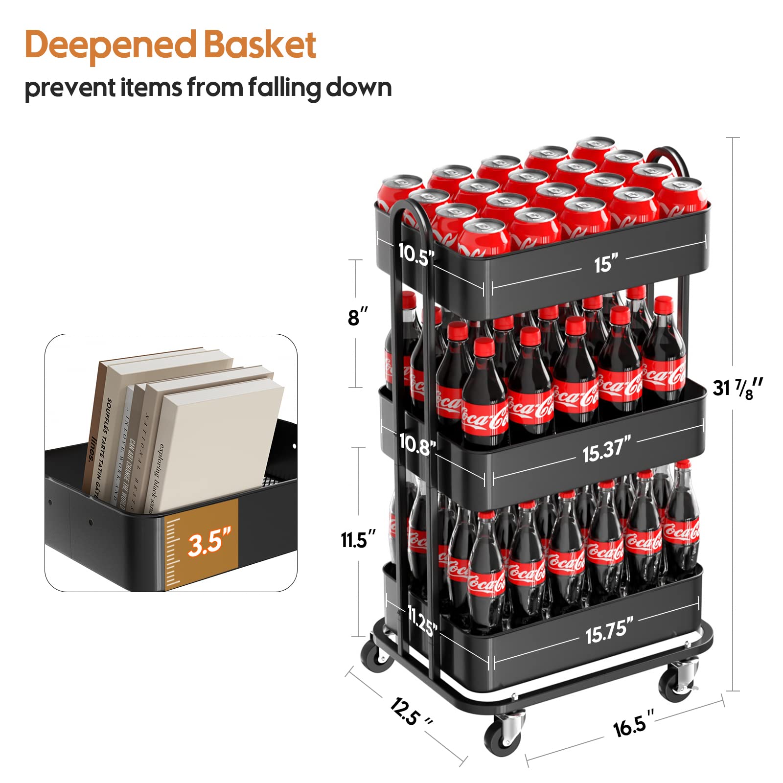Ceayell 3-Tier Full Metal Utility Rolling Cart for Storage Organizer Cart for Office, Bathroom, Kitchen (Black)