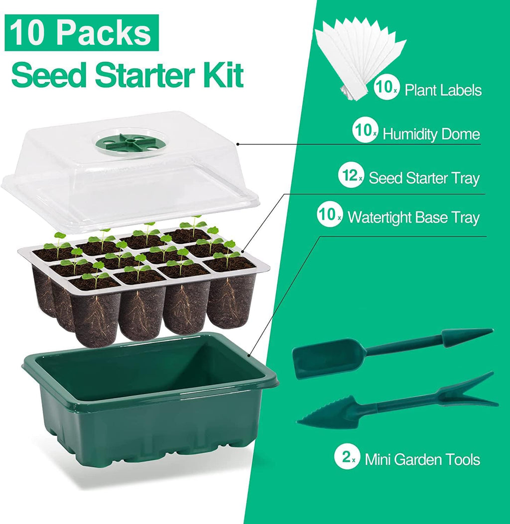10 Packs Seed Starter Tray Seedling Tray (12 Cells Per Tray) Humidity Adjustable Plant Starter Kit with Dome and Base Greenhouse Grow Trays for Seeds Growing Starting