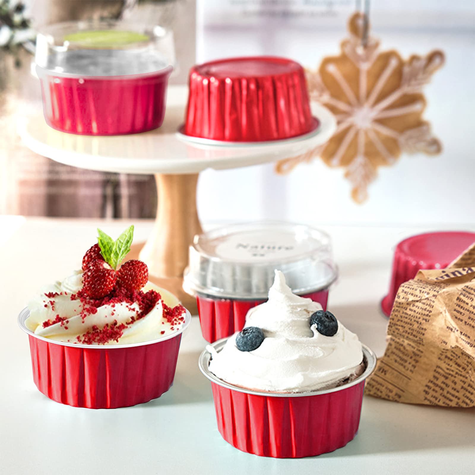 DEAYOU 100 Pieces Aluminum Foil Baking Cups with Lids, 5oz Disposable Ramekins Muffin Cups, 3" Cupcake Foil Liners Tart Pie Tin Pan Holder for Pudding, Souffle, Party, Wedding, Red Color