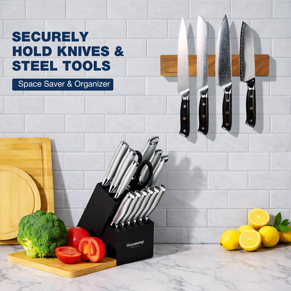 Gourmetop Magnetic Knife Holder for Wall 12", Knife Magnetic Strip No Drilling, Acacia Wood Magnetic Knife Strip for Kitchen Organizer, Strong Knife Magnet&Knife Rack for Kitchen Utensil Organizer