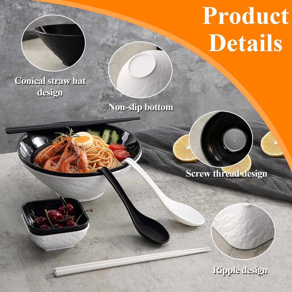 Kyraton Ramen Bowl Set 1200ml with Chopsticks Dipping Bowls and Spoons: 2 Large Unbreakable Japanese Style Plastic Noodle Soup Bowls for Asian Pho Soup Thai Miso Udon Wonton (Black, White)