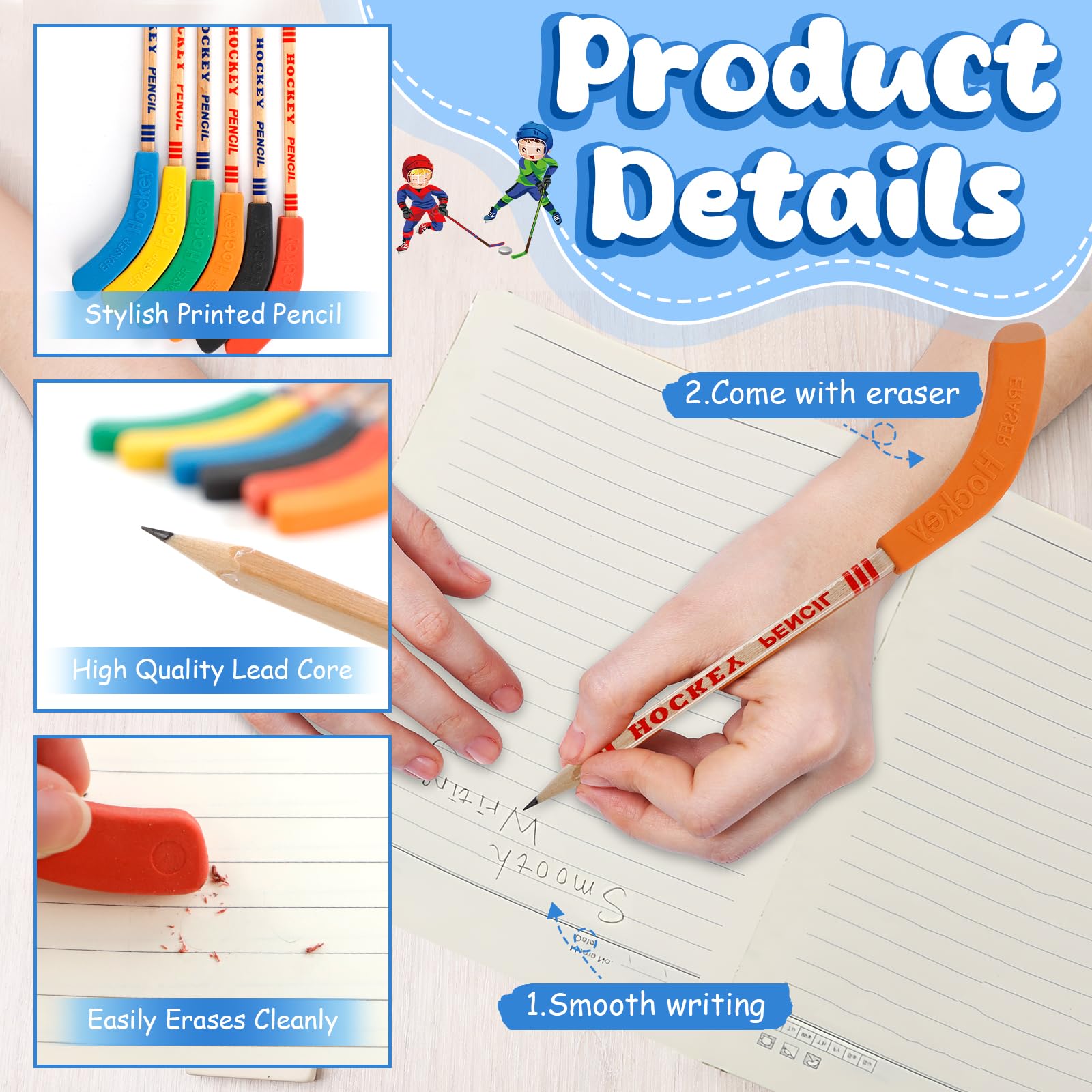 OT-NVWOZR 18pcs Hockey Pencils with Erasers, 9 Inch Multicolor Hockey Sticks Pencils with 8pcs Mini Round Pencil Sharpeners, Fun Cool Pencil Gifts for Fans Students, Sports Party Favors