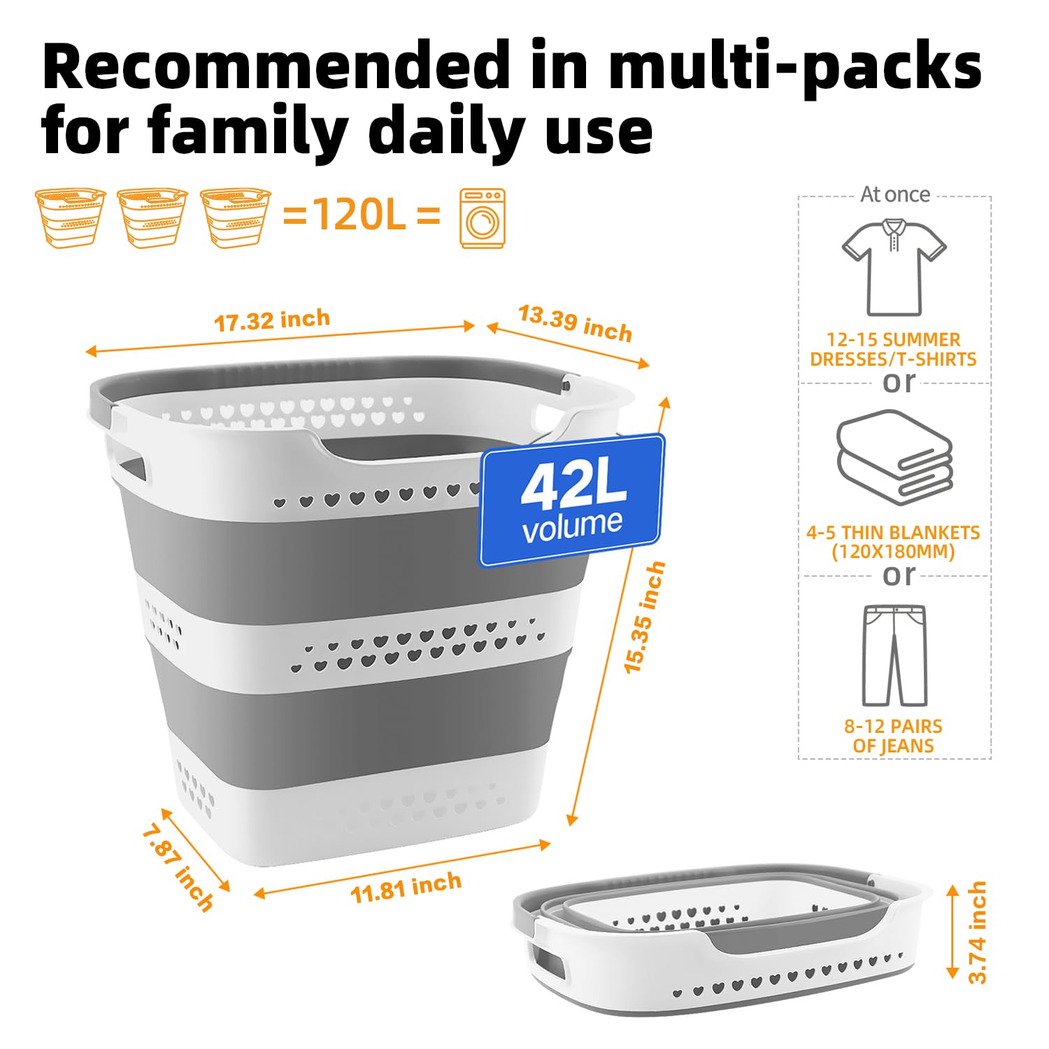 Collapsible Plastic Laundry Basket Hamper with Handles, Foldable Laundry Basket, Pop Up Storage Container Organizer for Washing Storage (1, Gery, 42L)