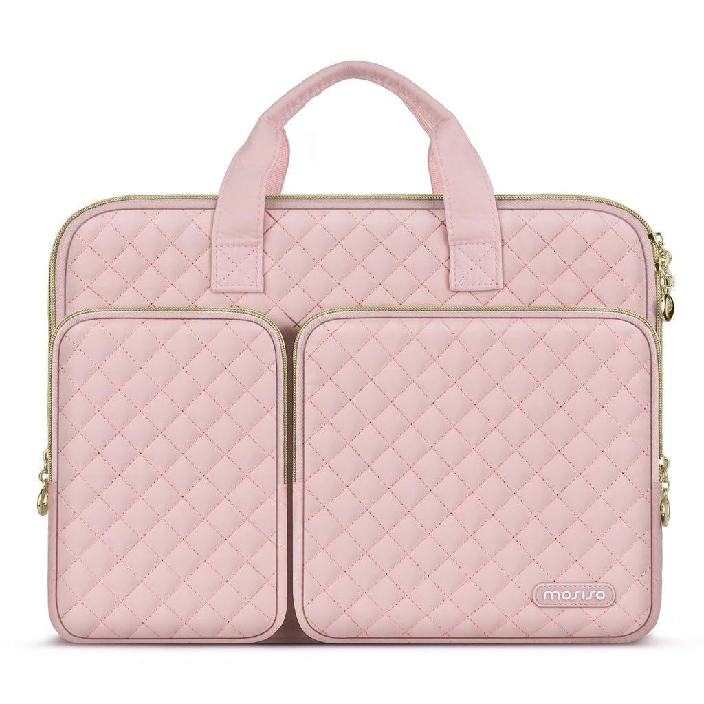MOSISO 360 Protective Laptop Case 13.3 inch, 13-13.3 inch Laptop Sleeve Compatible with MacBook Air/Pro 13/Pro 14,HP Dell ASUS Lenovo, Square Quilted Bag Cover with 2 Pockets&Handle&Belt,Chalk Pink