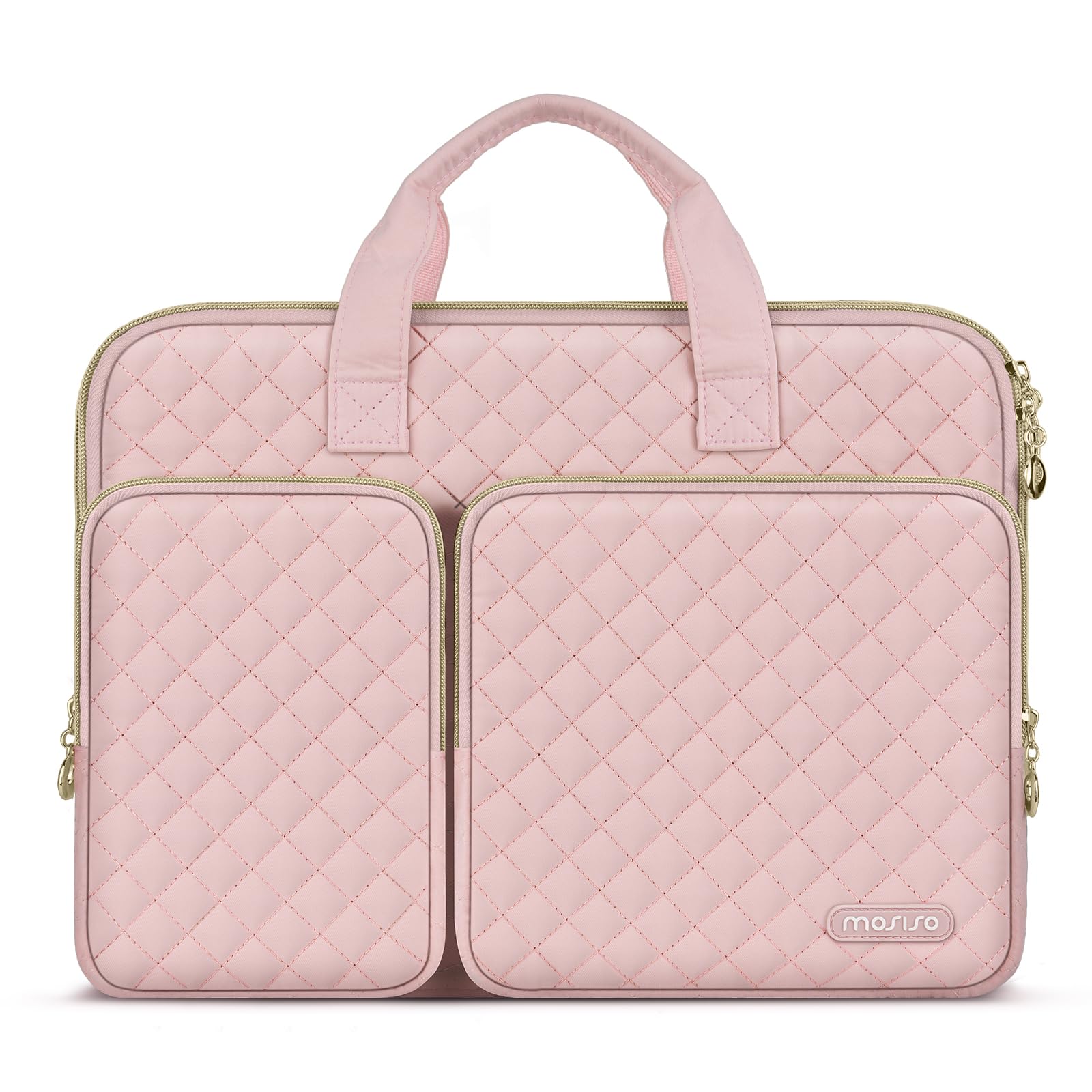 MOSISO 360 Protective Laptop Case 13.3 inch, 13-13.3 inch Laptop Sleeve Compatible with MacBook Air/Pro 13/Pro 14,HP Dell ASUS Lenovo, Square Quilted Bag Cover with 2 Pockets&Handle&Belt,Chalk Pink