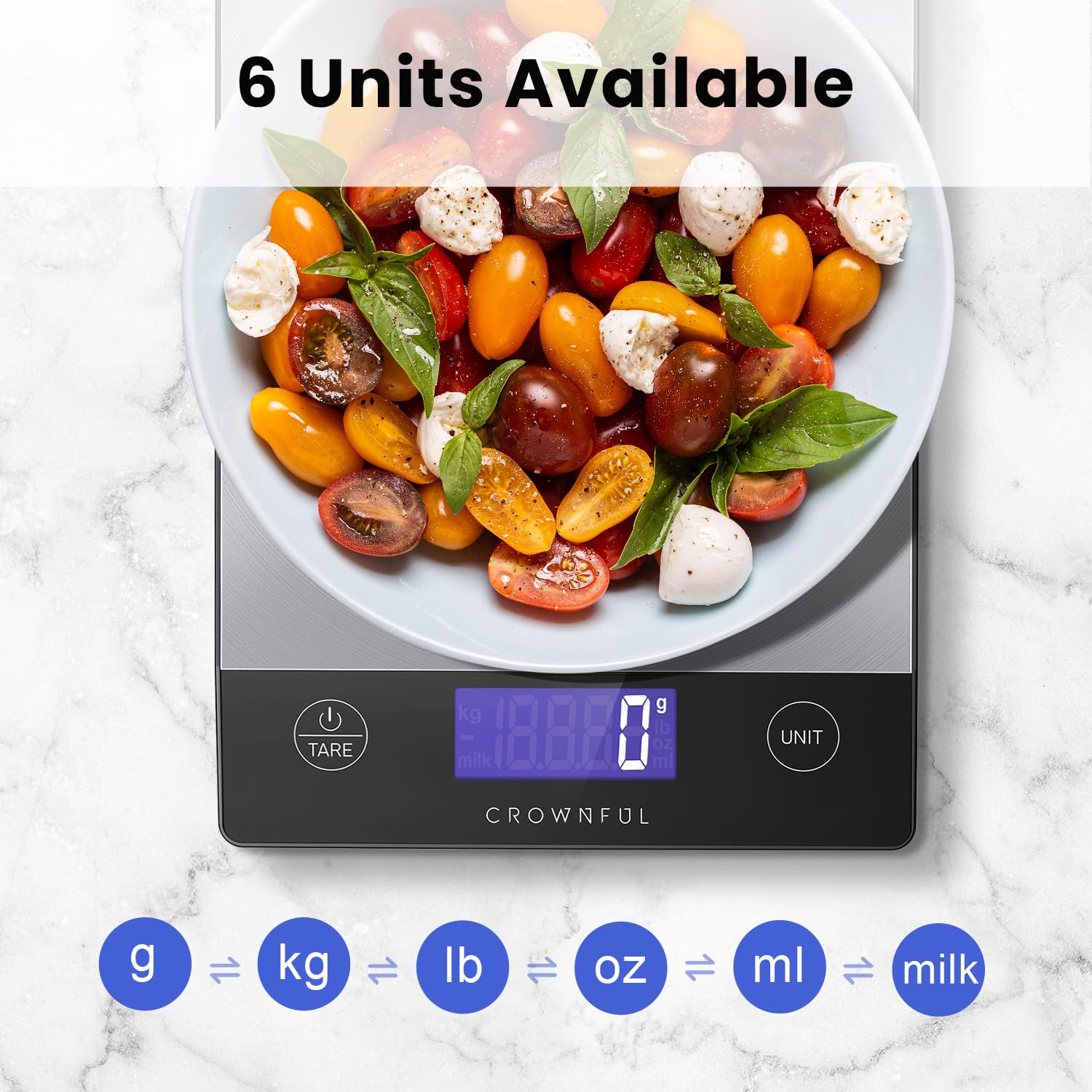 CROWNFUL Food Scale, Rechargeable 304 Stainless Steel Digital Kitchen Scale Upto 33lb Weight Grams and Ounces with LCD Display and Type-C Charging for Baking and Cooking