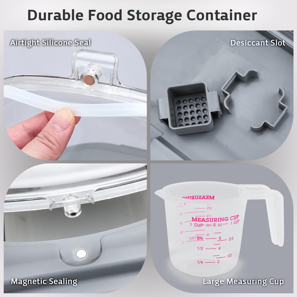 Komzon Rice Storage Containers, Collapsible 10 to 30Lbs Food Storage Bin Dispenser with Rolling Wheel and Clear Airtight Lid, BPA Free Flour, Sugar, Cereal and Dog Cat Pet food Containers