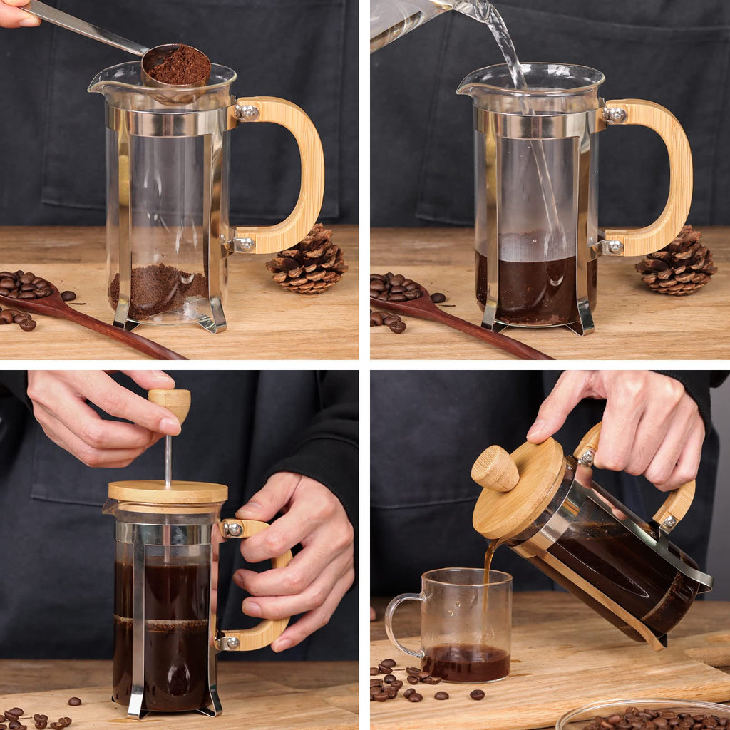 Sivaphe French Press High Borosilicate Carafe Durable Bamboo Handle Portable Brewer Small Coffee/Tea Maker 12oz