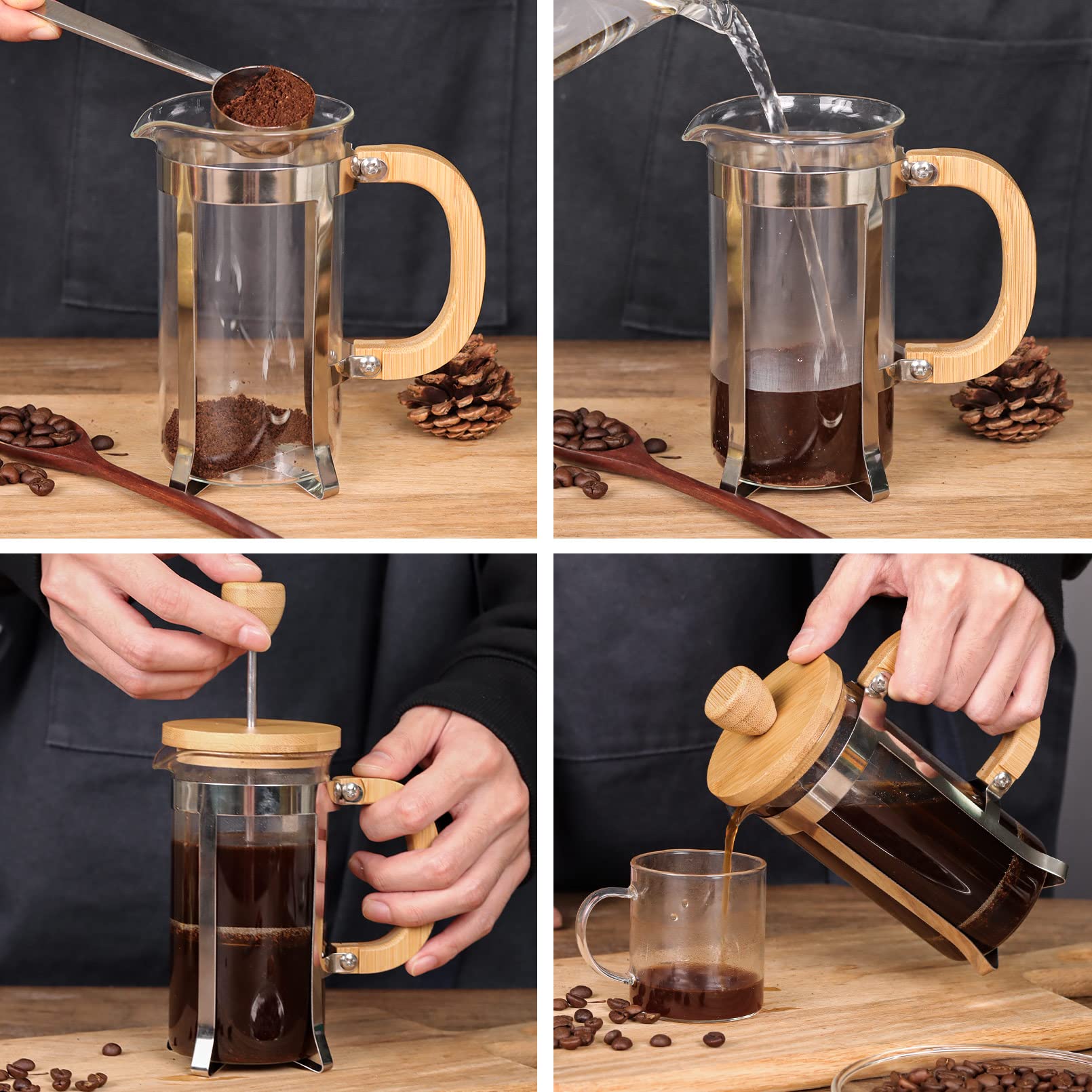 Sivaphe French Press High Borosilicate Carafe Durable Bamboo Handle Portable Brewer Small Coffee/Tea Maker 12oz