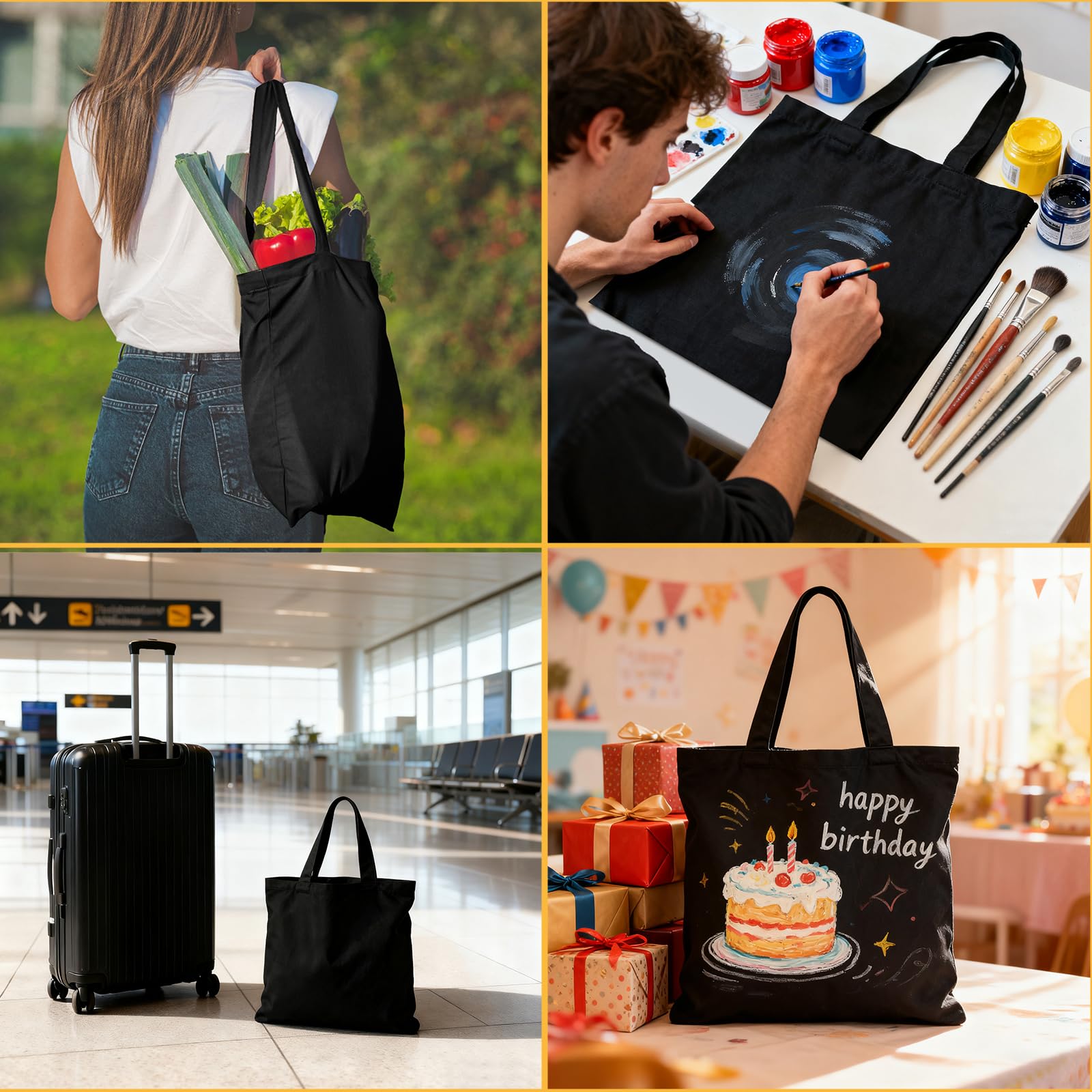 Belinlen 12pack Black Canvas Tote Bags, 15x16Inch Cotton Tote Bag, Economical Cotton Shopping Bags Bulk,Suitable for DIY, Promotion, Gift, Shopping,Daily Use.