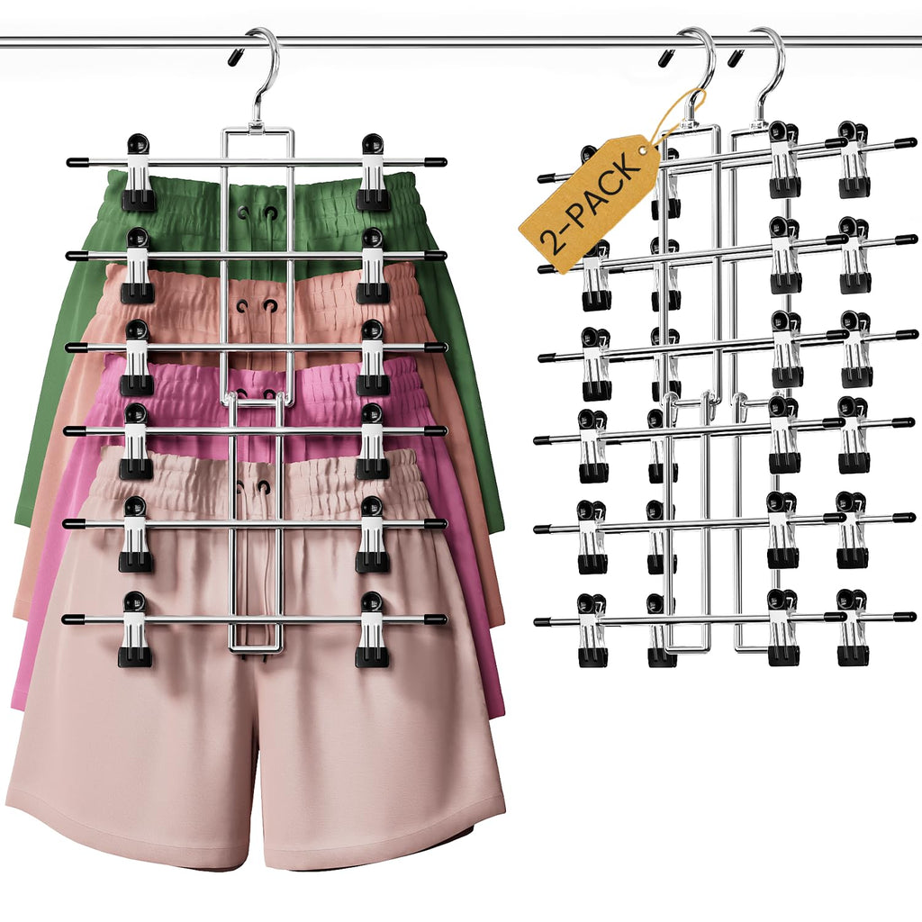 DAMITA Skirt Pants Hangers with Clips Space Saving Hanging Closet Organizer 6 Tiers Hanger with 360° Swivel Hook, Finger-Safe Design- College Dorm Room Apartment Essentials 2-Pack
