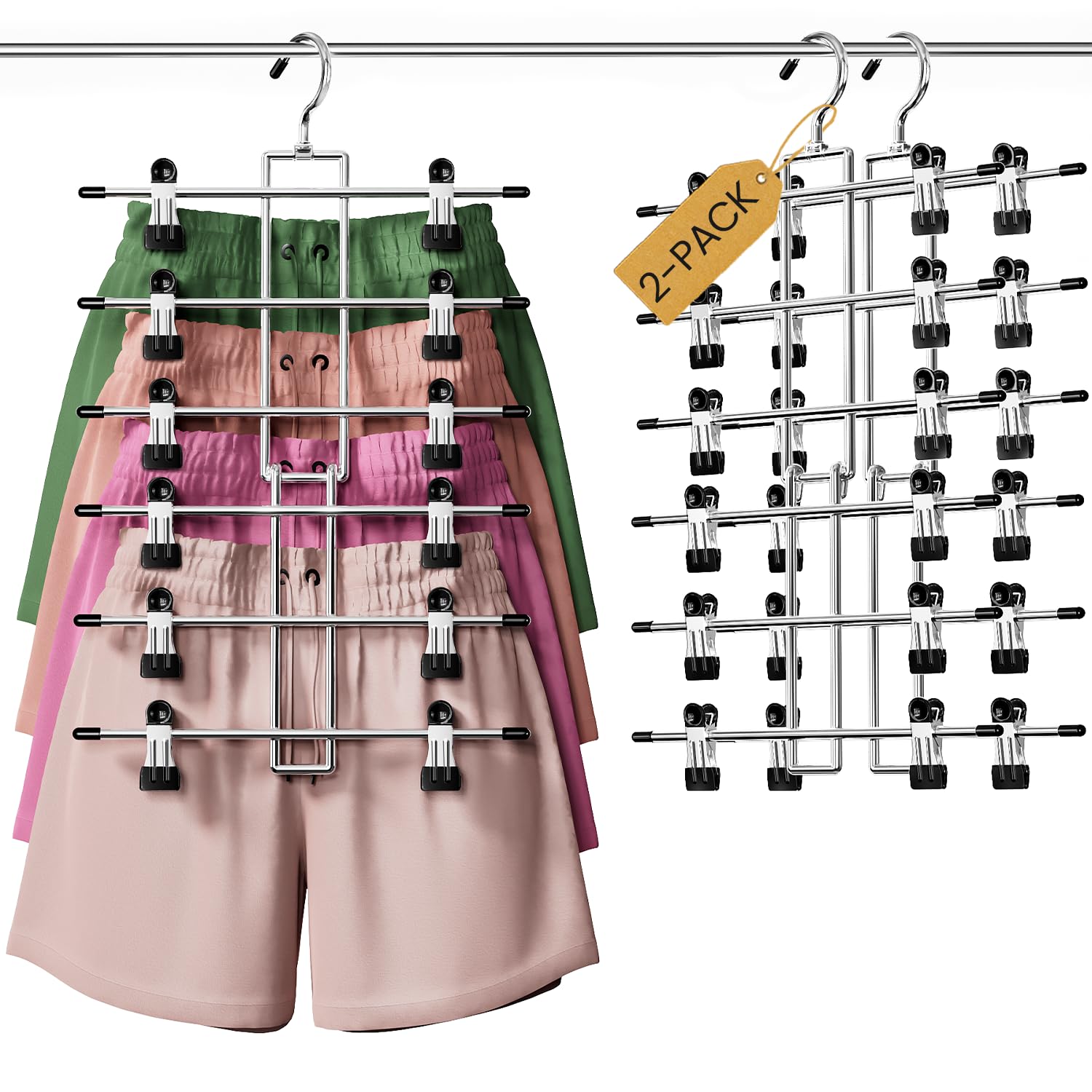 DAMITA Skirt Pants Hangers with Clips Space Saving Hanging Closet Organizer 6 Tiers Hanger with 360° Swivel Hook, Finger-Safe Design- College Dorm Room Apartment Essentials 2-Pack