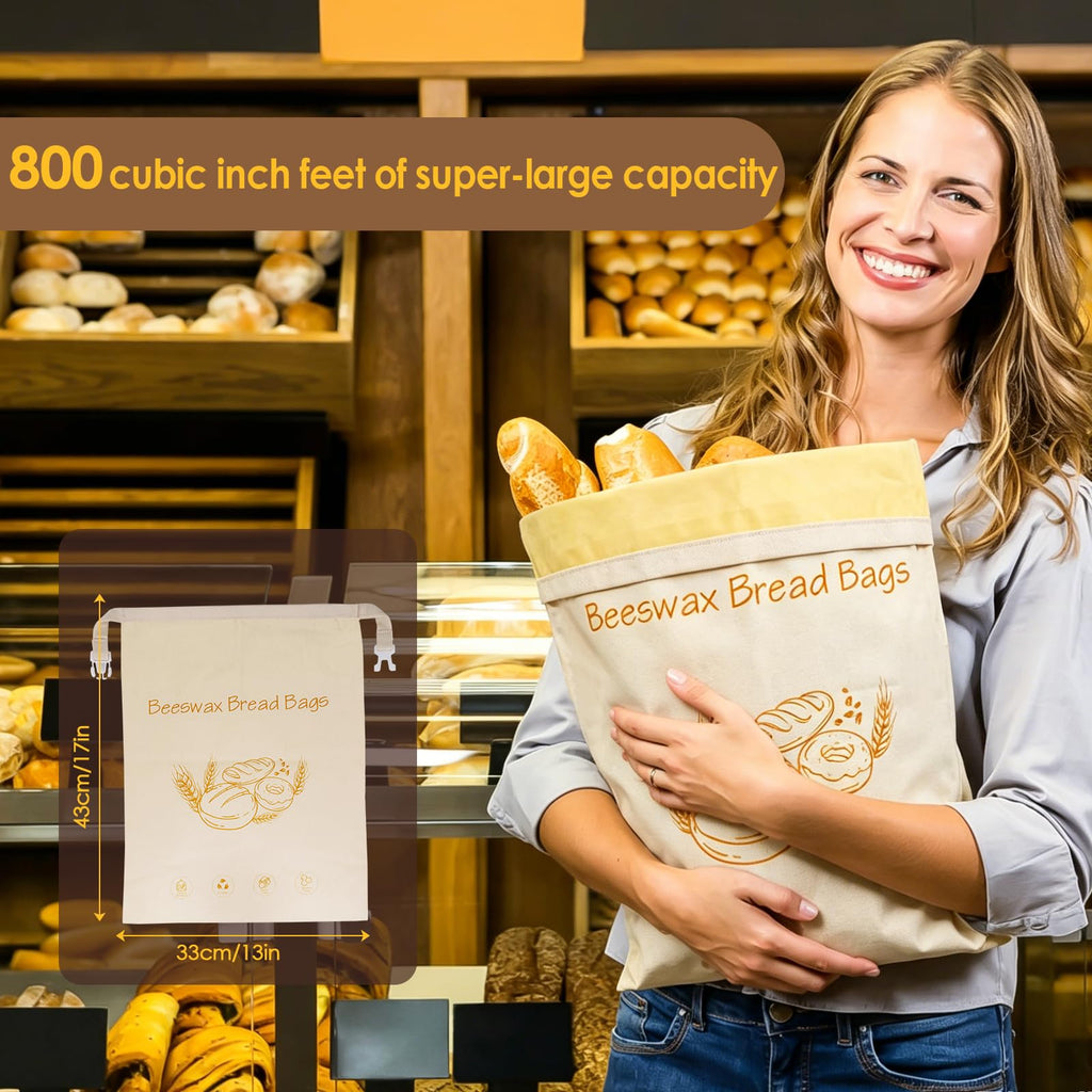 2-Pack Reusable Beeswax Bread Bags - Large 17x13 Inch for Sourdough & Homemade Bread Storage | All-Natural Beeswax Preservation, Eco-Friendly Cotton Food Bags - Easy to Clean & Daily Use