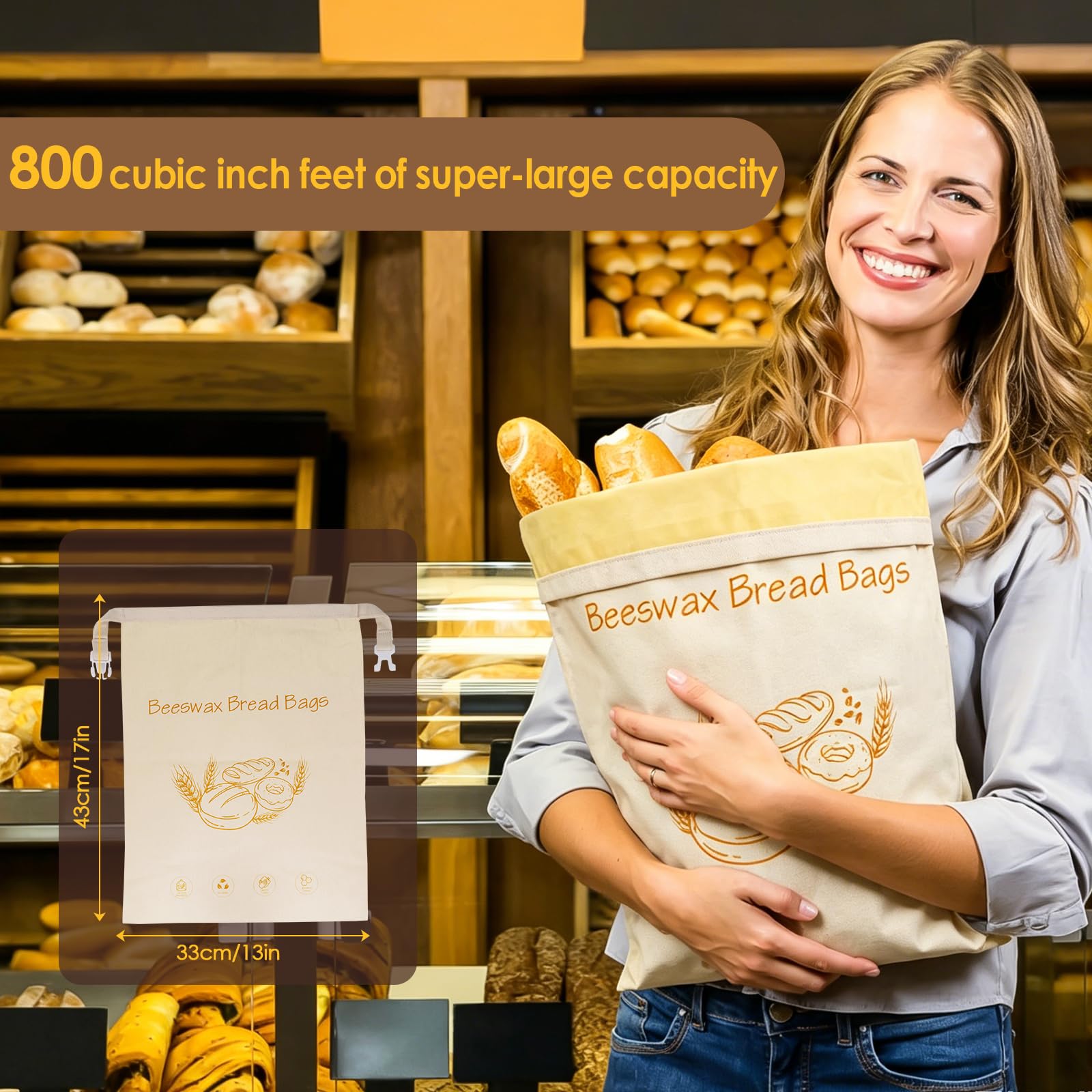 2-Pack Reusable Beeswax Bread Bags - Large 17x13 Inch for Sourdough & Homemade Bread Storage | All-Natural Beeswax Preservation, Eco-Friendly Cotton Food Bags - Easy to Clean & Daily Use