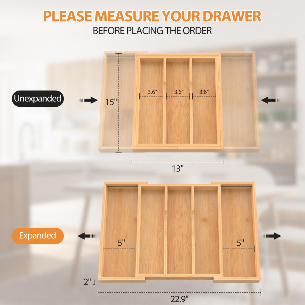 FoverOne Bamboo Expandable Kitchen Drawer Organizer, 13" to 23" Adjustable Utensils and Cutlery Tray, Wood Drawer Organizer for Silverware Flatware