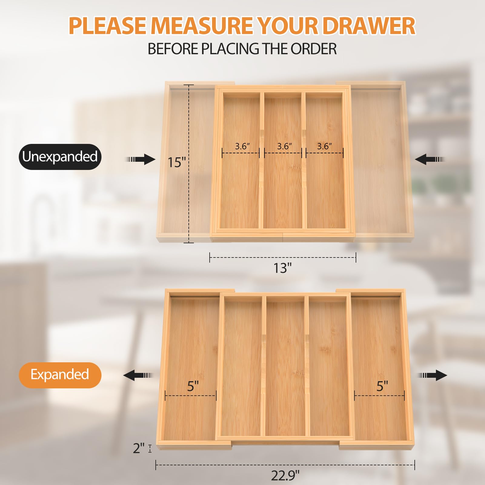 FoverOne Bamboo Expandable Kitchen Drawer Organizer, 13" to 23" Adjustable Utensils and Cutlery Tray, Wood Drawer Organizer for Silverware Flatware