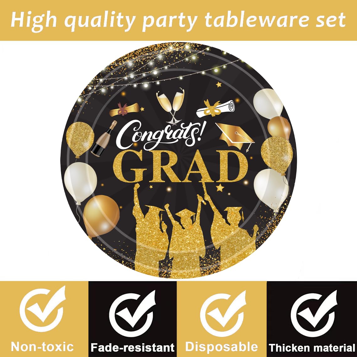 QYCX 72 Pcs Graduation Tableware Graduation Party Decorations Graduation Plates Napkins Cups Congratulation Grad Dinnerware Graduation Decor for 2024 Graduation Party Decorations Black Gold