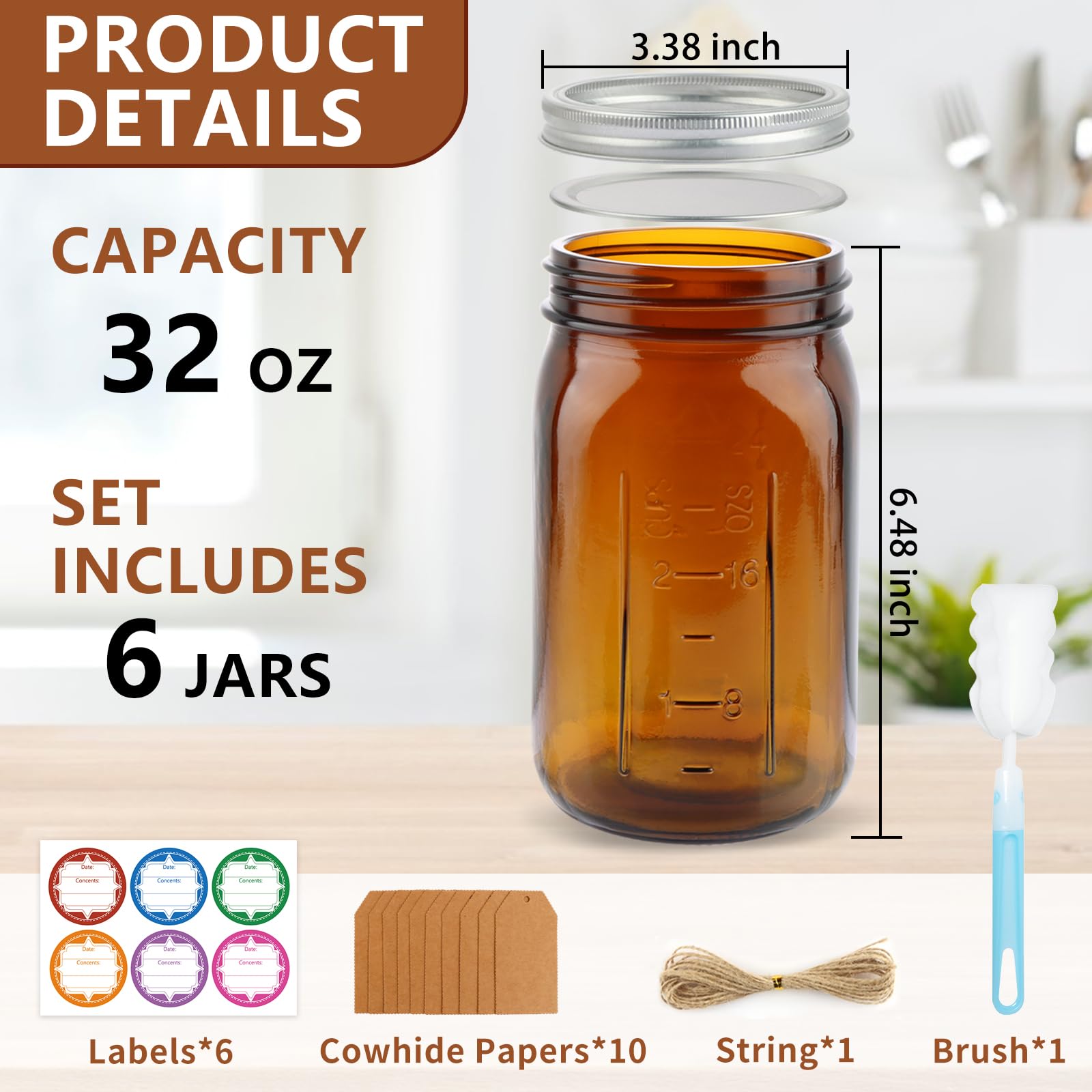 CARBLIN 6 Pack Mason Jars 32 oz, Amber Wide Mouth Canning With Airtight Lids, Glass Pint With Bands Labels Brush, Large Storage Quart for Jam Fermenting Preserving