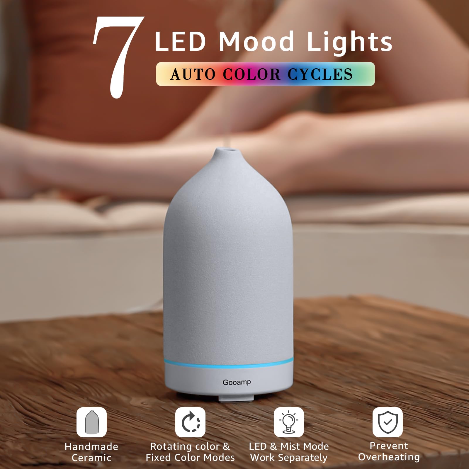 Gooamp 200ML Ceramic Diffuser,Aromatherapy Diffuser,Essential Oil Diffuser with 7 Color Lights Auto Shut Off for Home Office Room, White Base (1/3/6/ON hrs Working time)