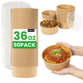 50 Count 36 oz Large Disposable Paper Bowls with Lids, Salad Containers for Lunch, Paper Meal Prep Containers for Hot & Cold Food, Soup, Ramen, Salad