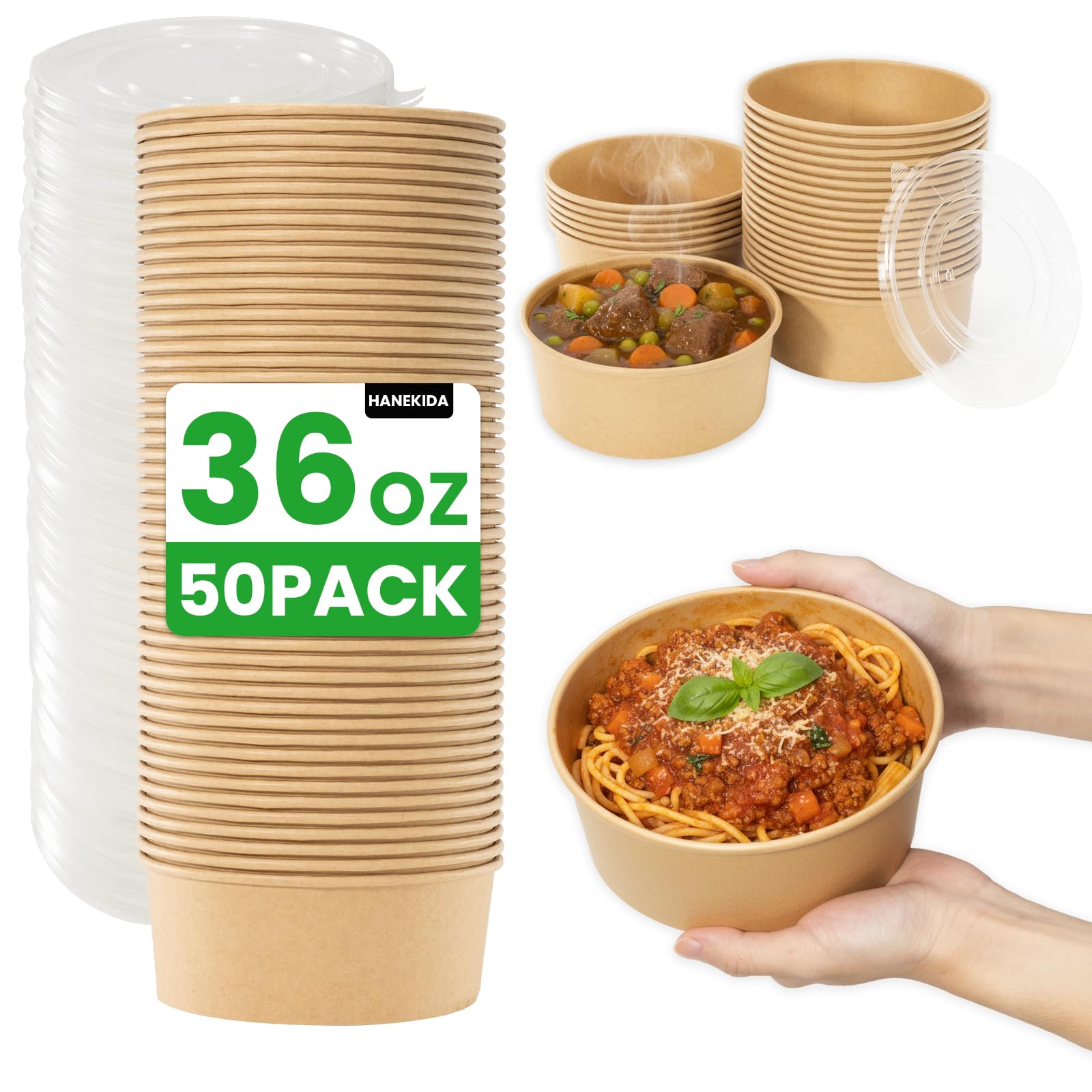 50 Count 36 oz Large Disposable Paper Bowls with Lids, Salad Containers for Lunch, Paper Meal Prep Containers for Hot & Cold Food, Soup, Ramen, Salad