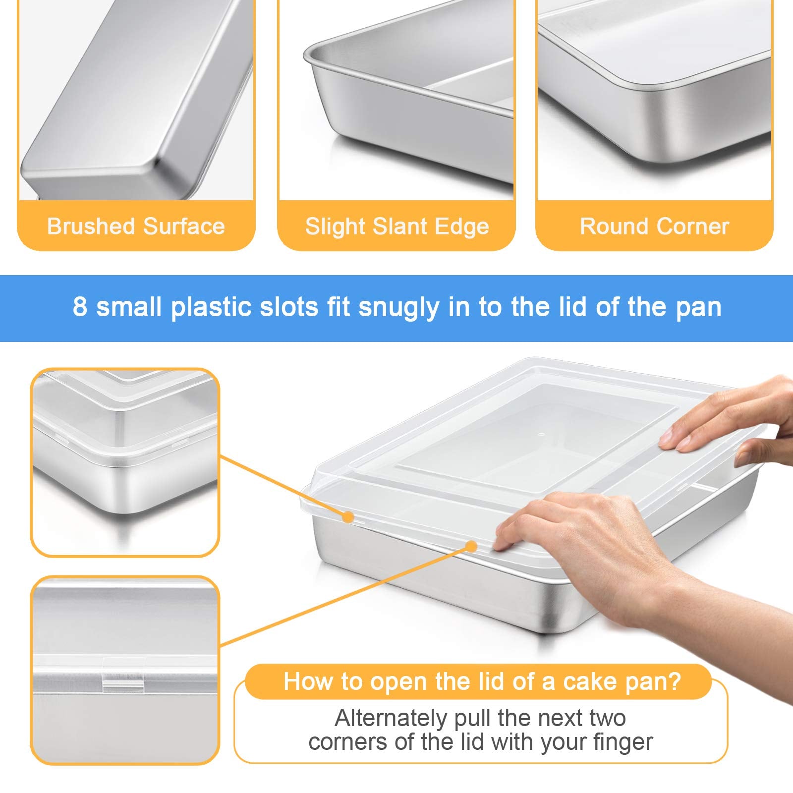 Stainless Steel Baking Pan with Lid, E-far 12⅓ x 9¾ x 2 Inch Rectangle Sheet Cake Pans with Covers Bakeware for Cakes Brownies Casseroles, Non-Toxic & Healthy, Heavy Duty & Dishwasher Safe - Set of 2