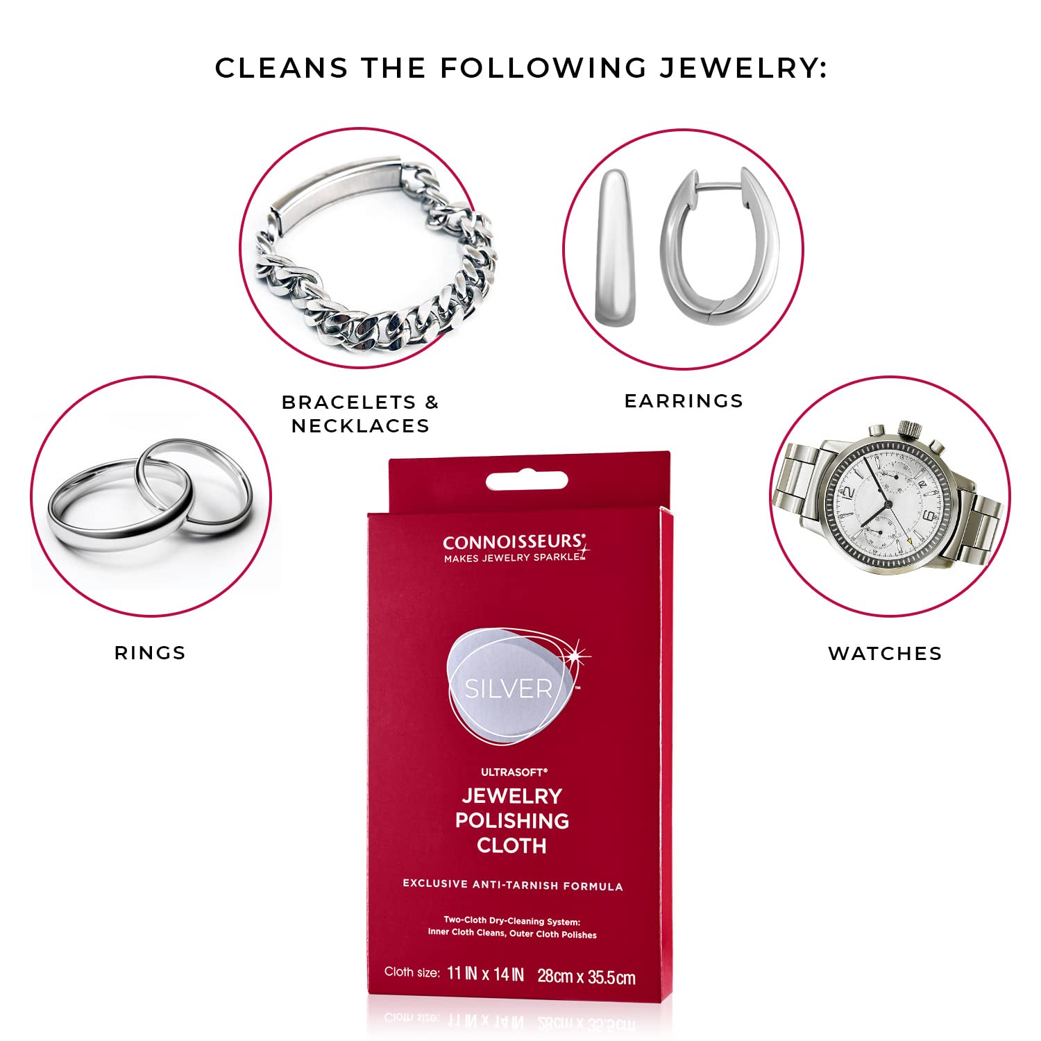 CONNOISSEURS Ultrasoft Gold or Silver Jewelry Polishing Cloth, Clean and Polish Jewelry While Removing Tarnish for a High Shine