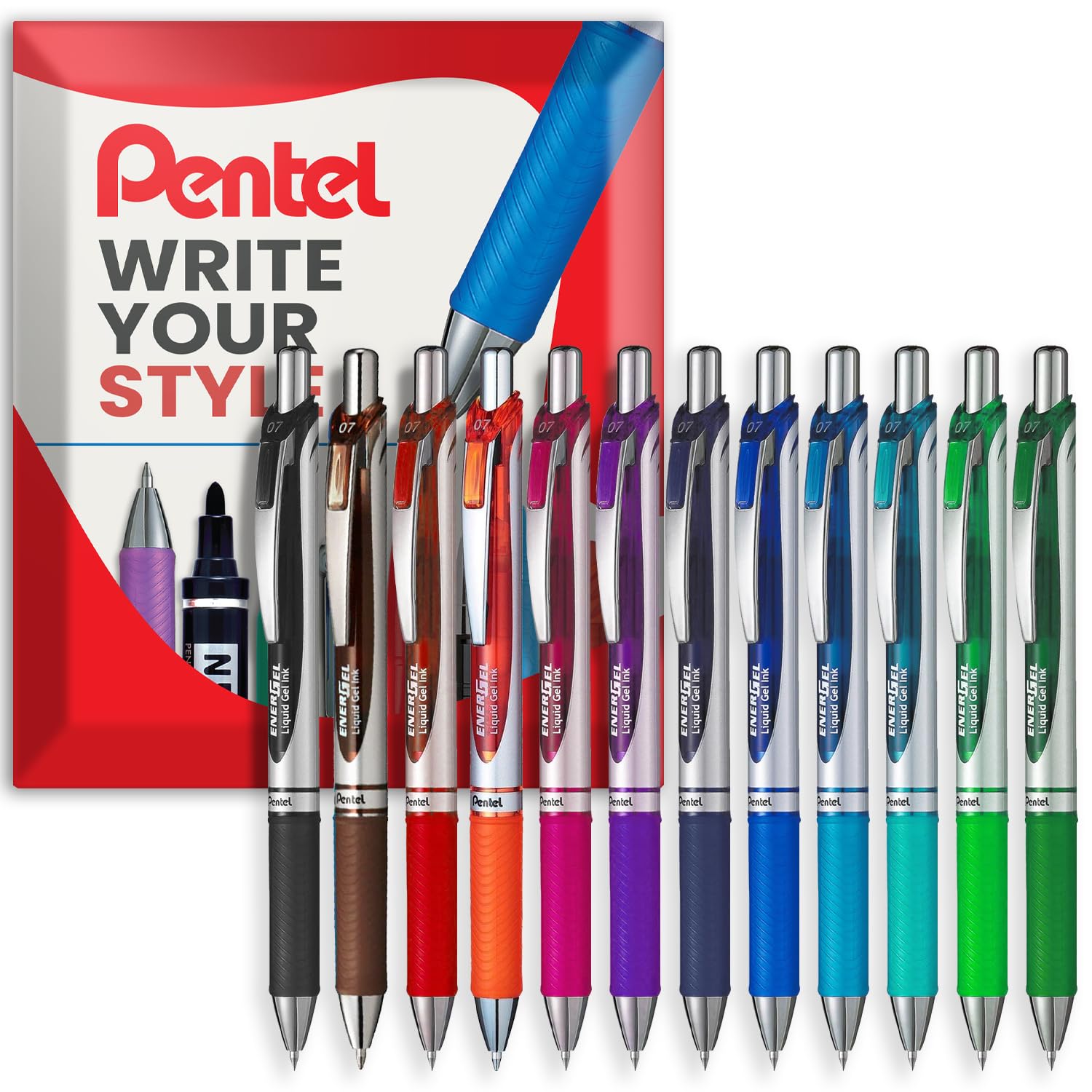 Pentel EnerGel XM BL77 - Retractable Liquid Gel Ink Pen - 0.7mm - 54% Recycled - In Pillow Packaging (Mixed Pack of 12)
