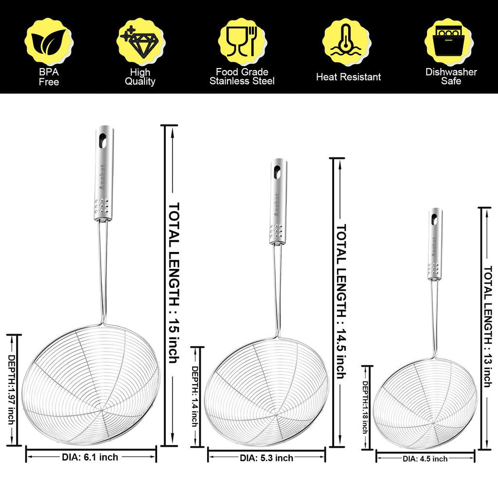 Anaeat Stainless Steel Spider Strainer Skimmer, Set of 3 Professional Kitchen Pasta Strainer Spoon with Long Handle - Asian Strainer Ladle Wire Skimmer Spoons for Cooking and Frying (4.5"+5.3"+6.1")