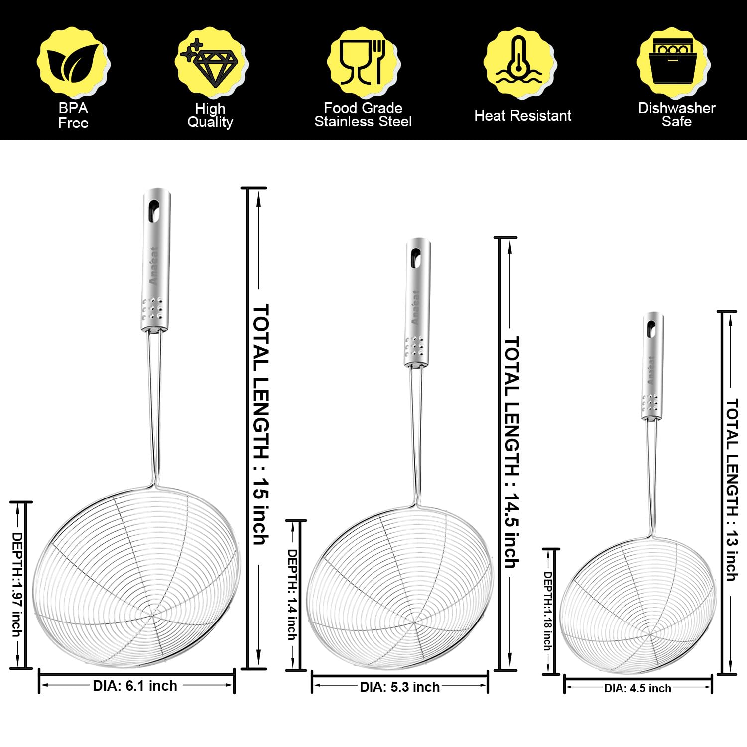 Anaeat Stainless Steel Spider Strainer Skimmer, Set of 3 Professional Kitchen Pasta Strainer Spoon with Long Handle - Asian Strainer Ladle Wire Skimmer Spoons for Cooking and Frying (4.5"+5.3"+6.1")