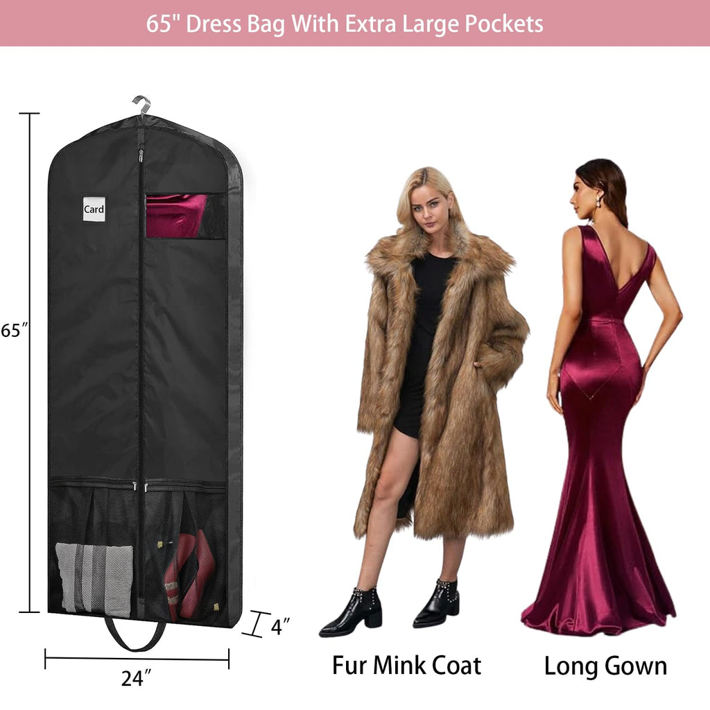 BH7STAR Dress Garment Bag, Black, 65" L x 26" W x 5" D, Nylon, Zipper Closure, Extra Long Size, Clear Window, Travel Friendly