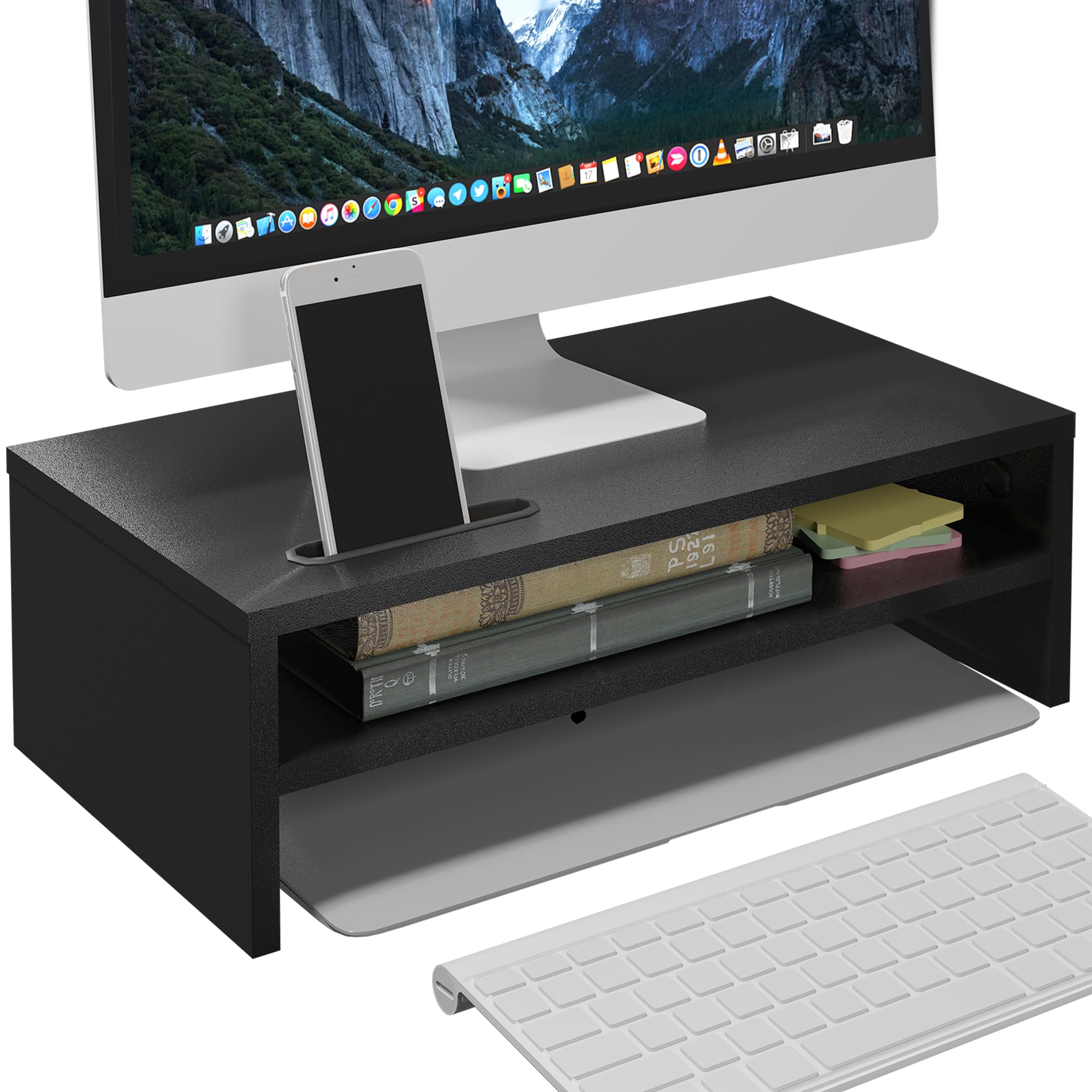 BONTEC Wood Monitor Stand Riser, Desk Monitor Stand with Smartphone Holder, Ergonomic Laptop Stand with Cable Management for Computer, Notebook, PC, 2 Tiers Black,16.5 inch
