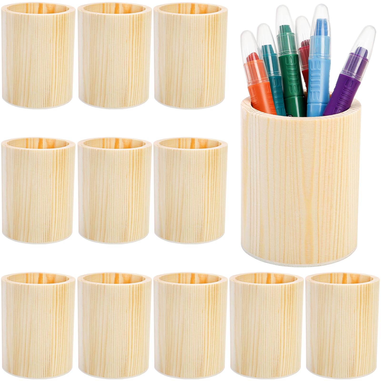 Yopay 12 Pack Wood Pen Holder, 4 Inch Round Pencil Holder for Desk, Unfinished Wooden Pencil Cup Desk Organizer for Makeup Brush, Homemade DIY Crafts, Painter, Home School Office Supplies