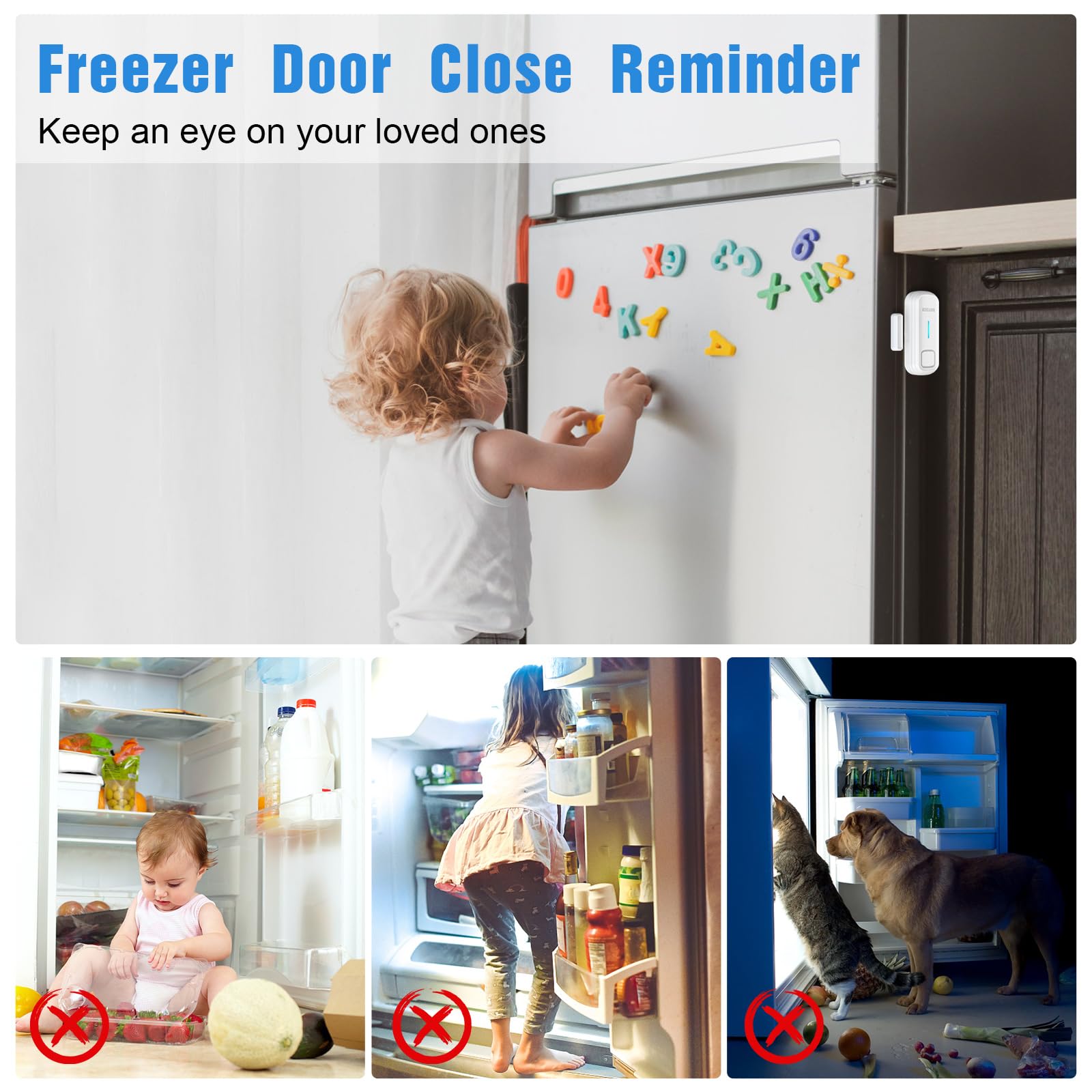 DAYTECH Freezer Door Alarm Freezer Alarm with Delay 60/120/180/240 Seconds Wireless Door Sensor When Left Open Fridge Alert with 0-120dB Adjustable Volume Levels, 1 PC
