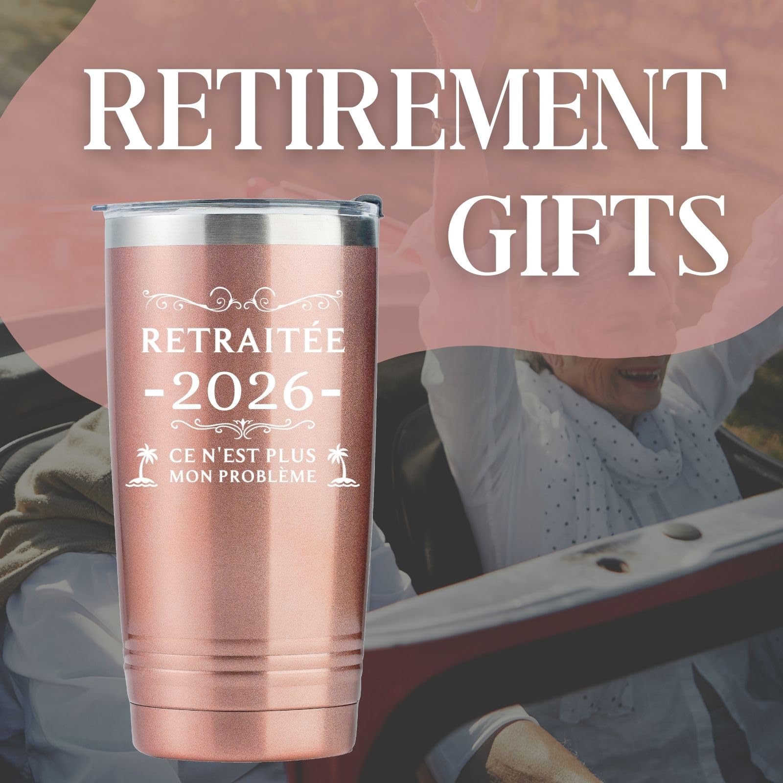 Onebttl Retirement Gifts for Women in French, Insulated 20oz Stainless Steel Travel Tumbler with Lid