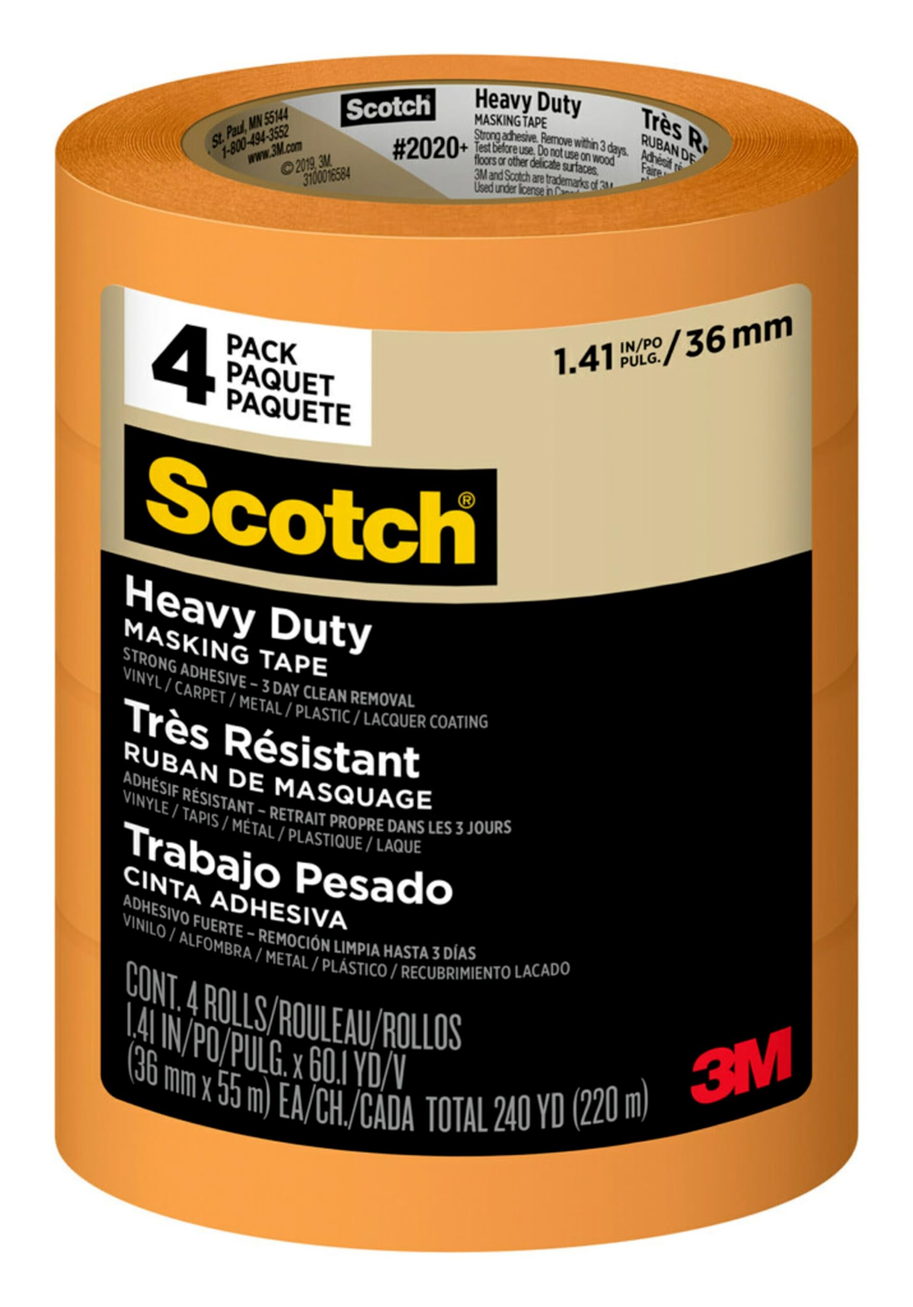 Scotch Heavy Duty Painter's Tape, 4 Rolls, 1.41 in x 60.1 yd, for Use On Vinyl, Carpet, Metal, & Plastic, Indoor & Outdoor Masking Tape, Bonds Aggressively, 3-Day Clean Removal (2020+-36AP4)