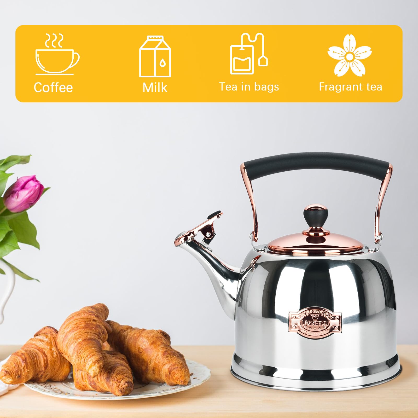 Tea Kettle Stainless Steel Teapot, Stainless Steel Teakettle for Stove Top with Heat Proof Ergonomic Handle 3.0 Quart