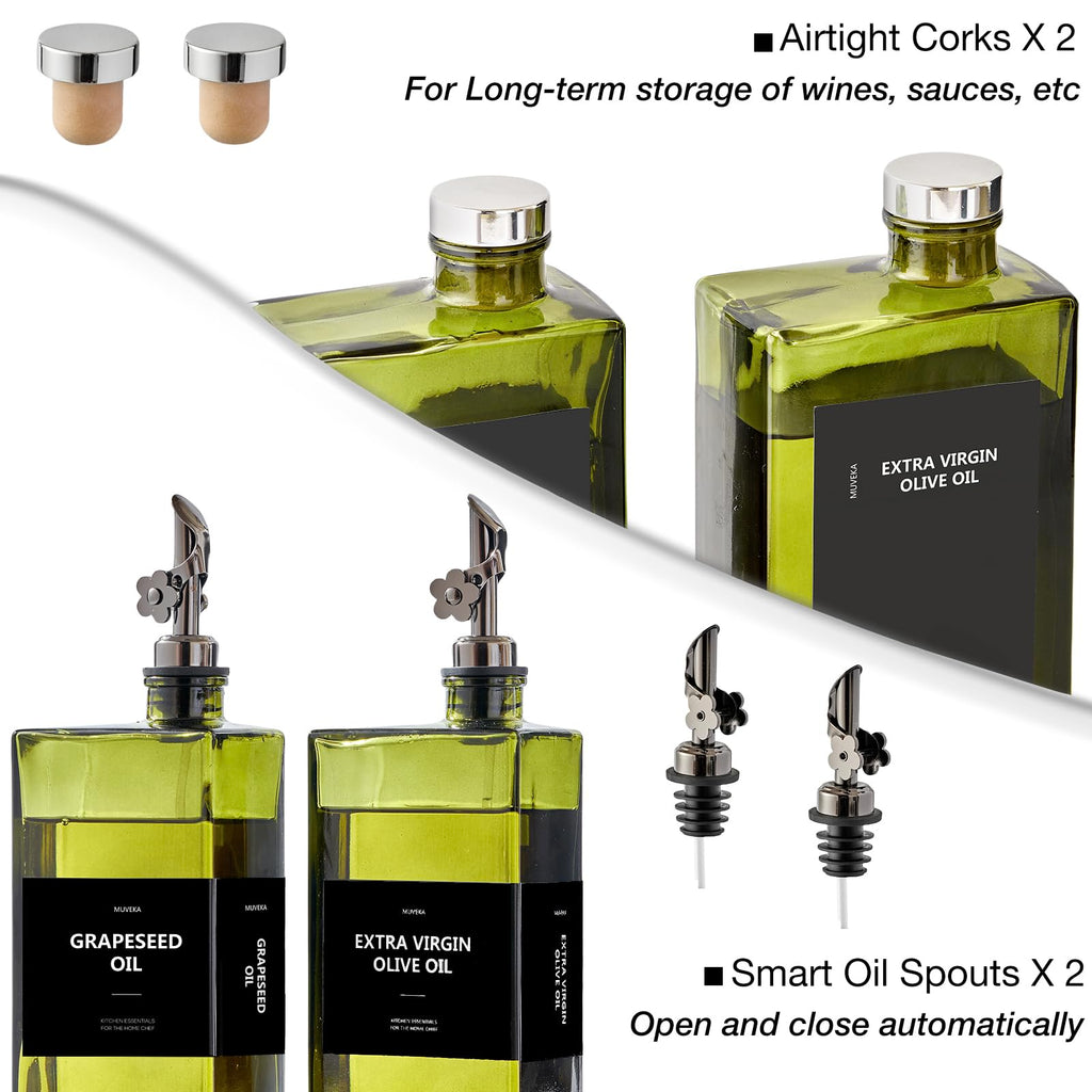 Olive Oil Dispenser Bottle for Kitchen, 16.9oz /500ml Cooking Vinegar Dispenser Bottle Set, Glass Sauce Container, Labels, Brush, Funnel, Stoppers, Green for Oil, Wine
