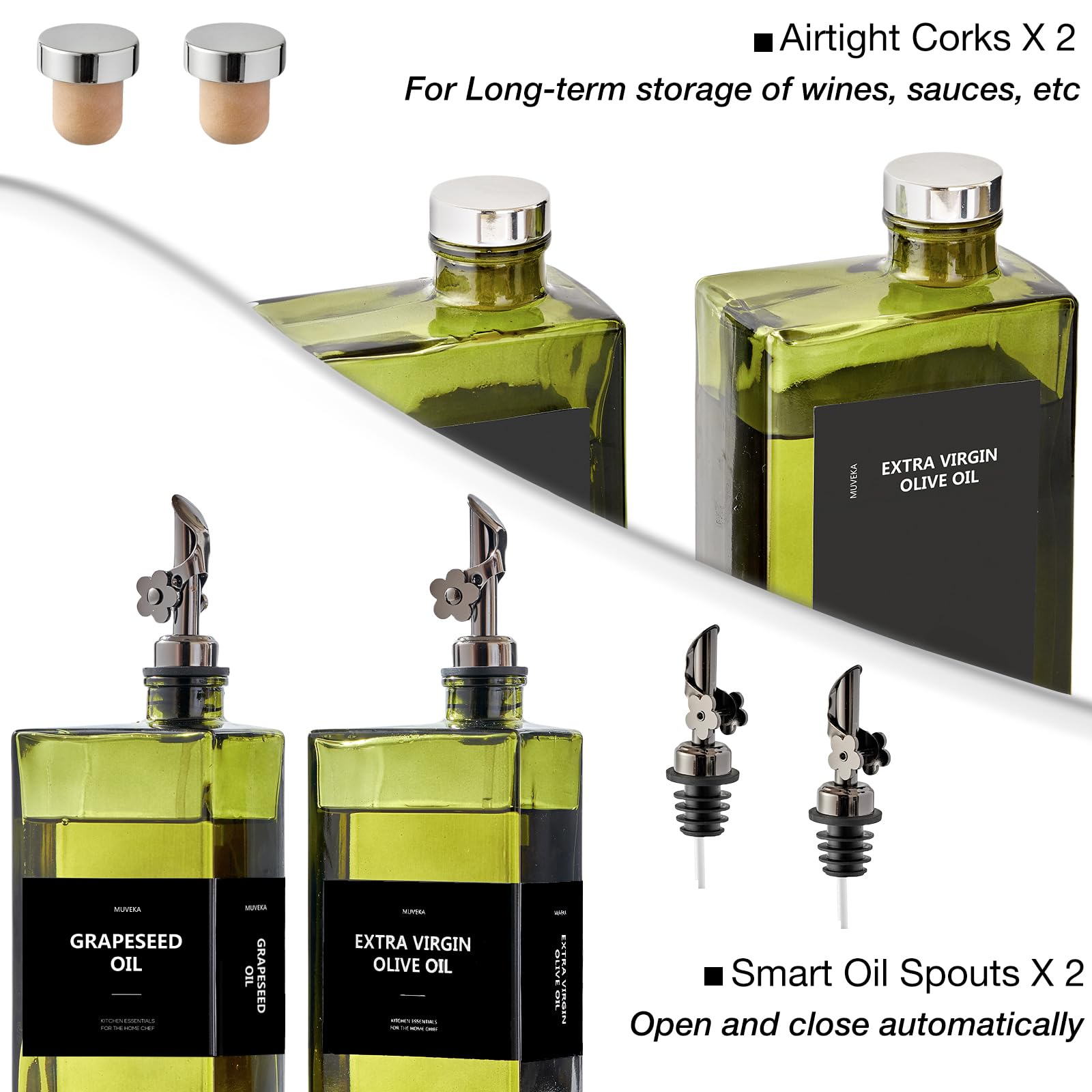 Olive Oil Dispenser Bottle for Kitchen, 16.9oz /500ml Cooking Vinegar Dispenser Bottle Set, Glass Sauce Container, Labels, Brush, Funnel, Stoppers, Green for Oil, Wine