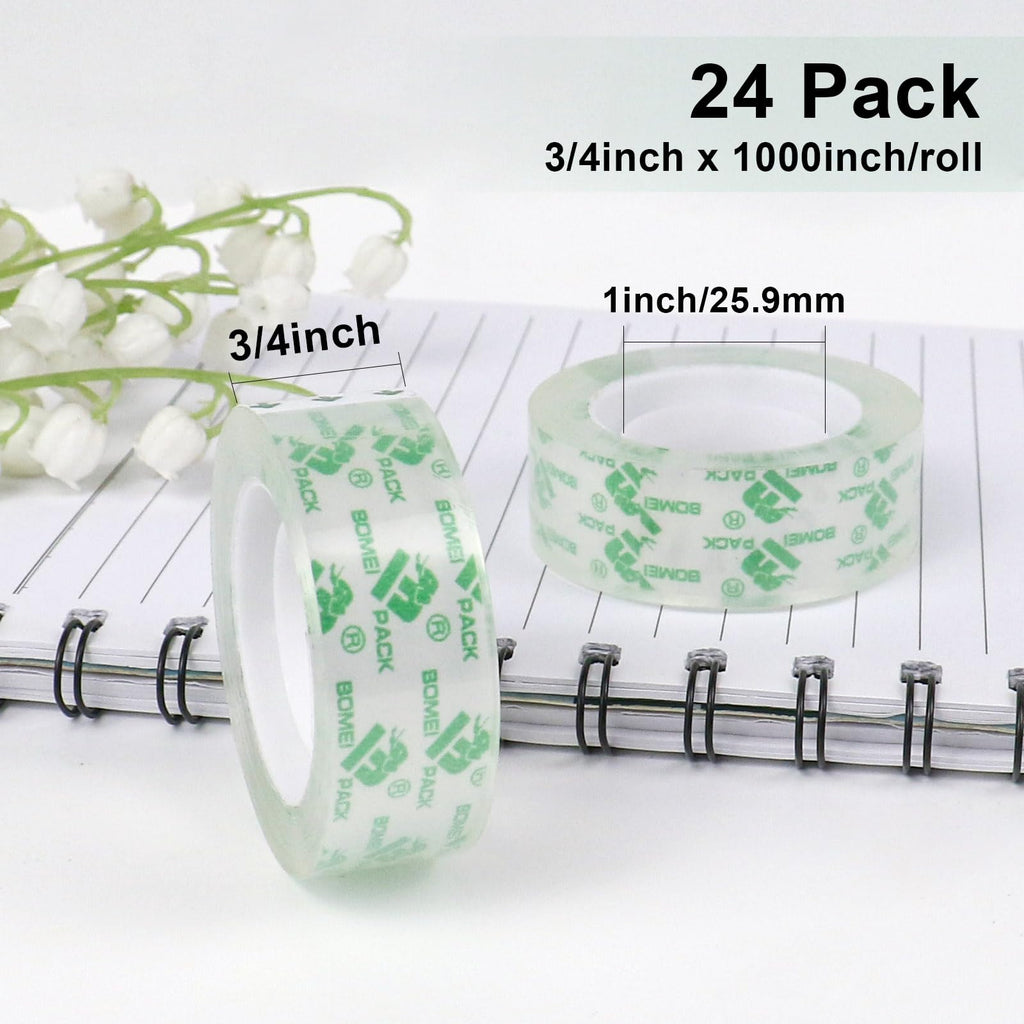 Crystal Clear Transparent Tape, 24 Rolls Value Pack, 3/4 in x 1000 in, 1 inch Core, Gift Wrapping Tape Refill Roll for Office, School and Home, BOMEI PACK