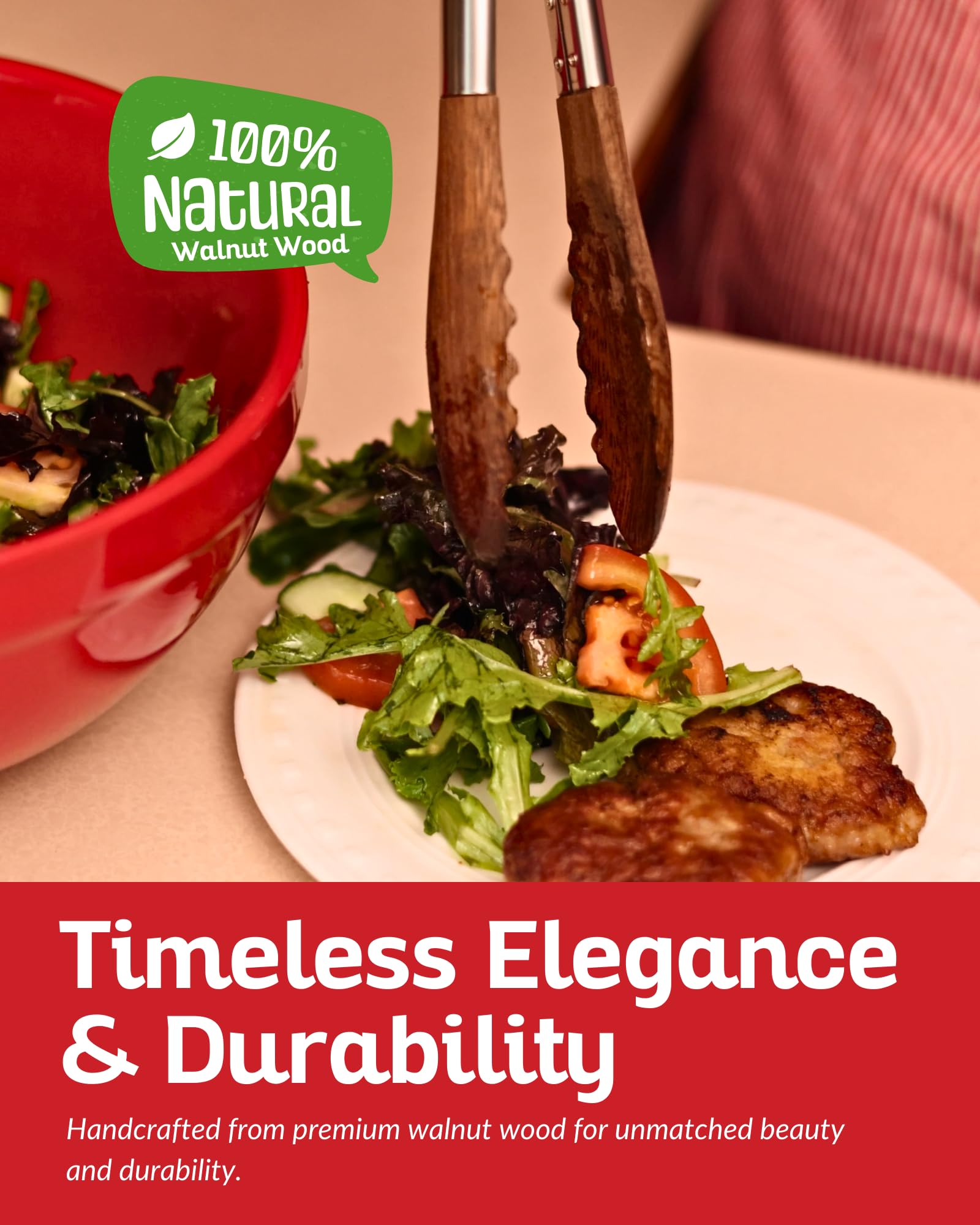 Wooden Tongs for Cooking 12 Inch - Natural Walnut Wood Salad Tongs for Serving, Non-Toxic BPA Free Kitchen Tongs, Heat Resistant Nonstick Safe Cooking Tongs with Stainless Steel