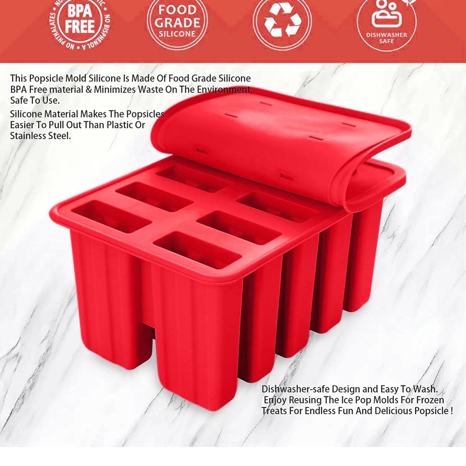 Popsicle Molds, BPA Free Food Grade Silicone, Frozen Popsicle Mold, Ice Pop Cream Maker, 10-Cavity Popsicle Maker Molds, Includ 50 Wooden Sticks & Cleaning Brush& Funnel & 100 Popsicle Bags, Red