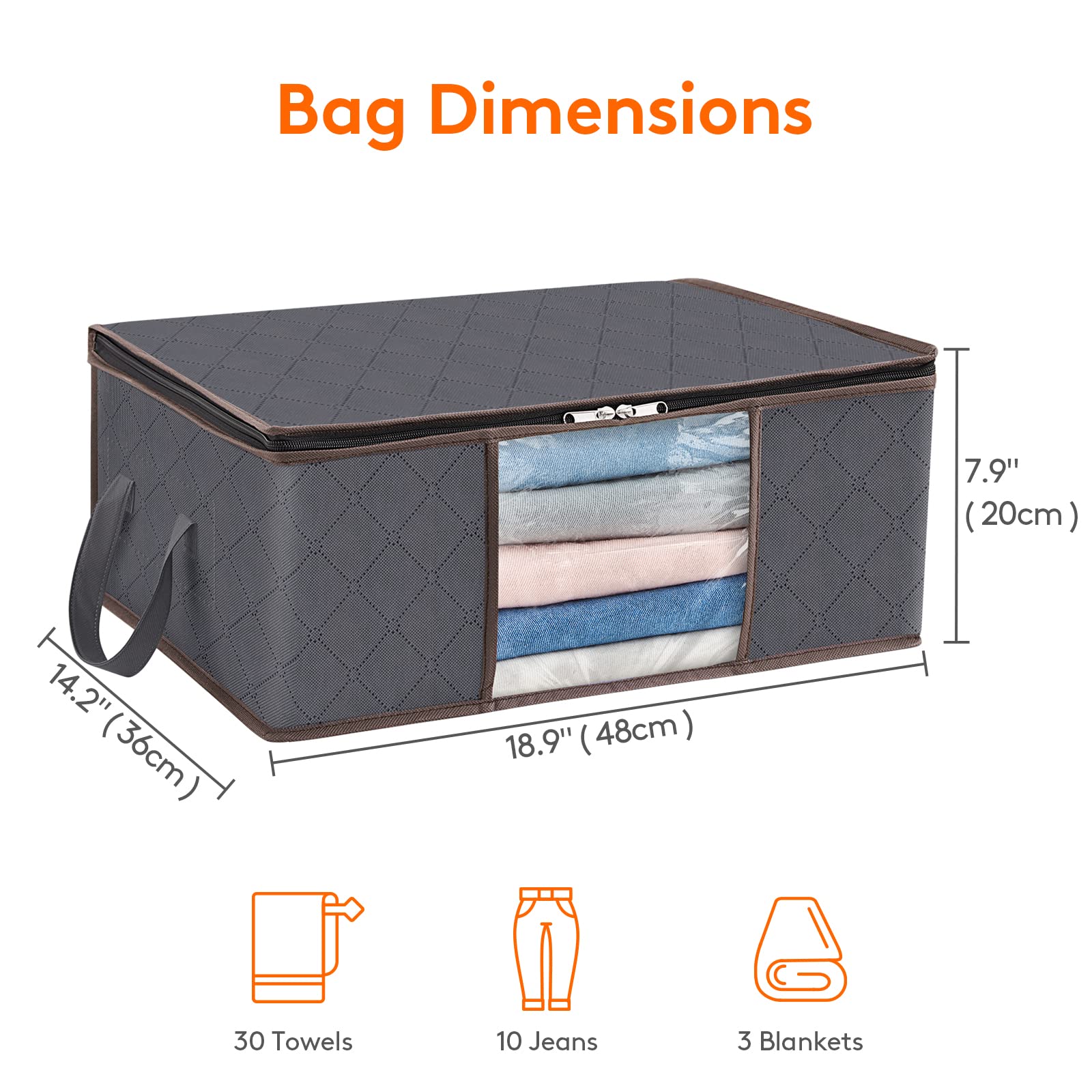 Lifewit Clothes Storage Bag Foldable Organizer Bin with Reinforced Handle Sturdy Breathable Fabric Clear Window for Sweaters, Coats, T-Shirts, Blankets, 6 Pack, Grey
