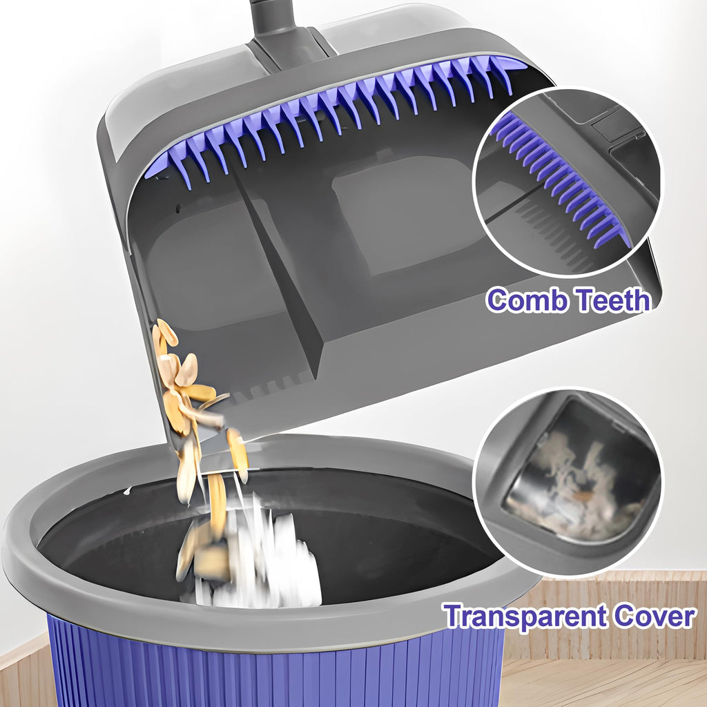 TRENNCHI Broom and Dustpan Set - 54" Long Handle 180° Swivel Broom with Vertical Dustpan Combing Teeth for Indoor Outdoor Cleaning