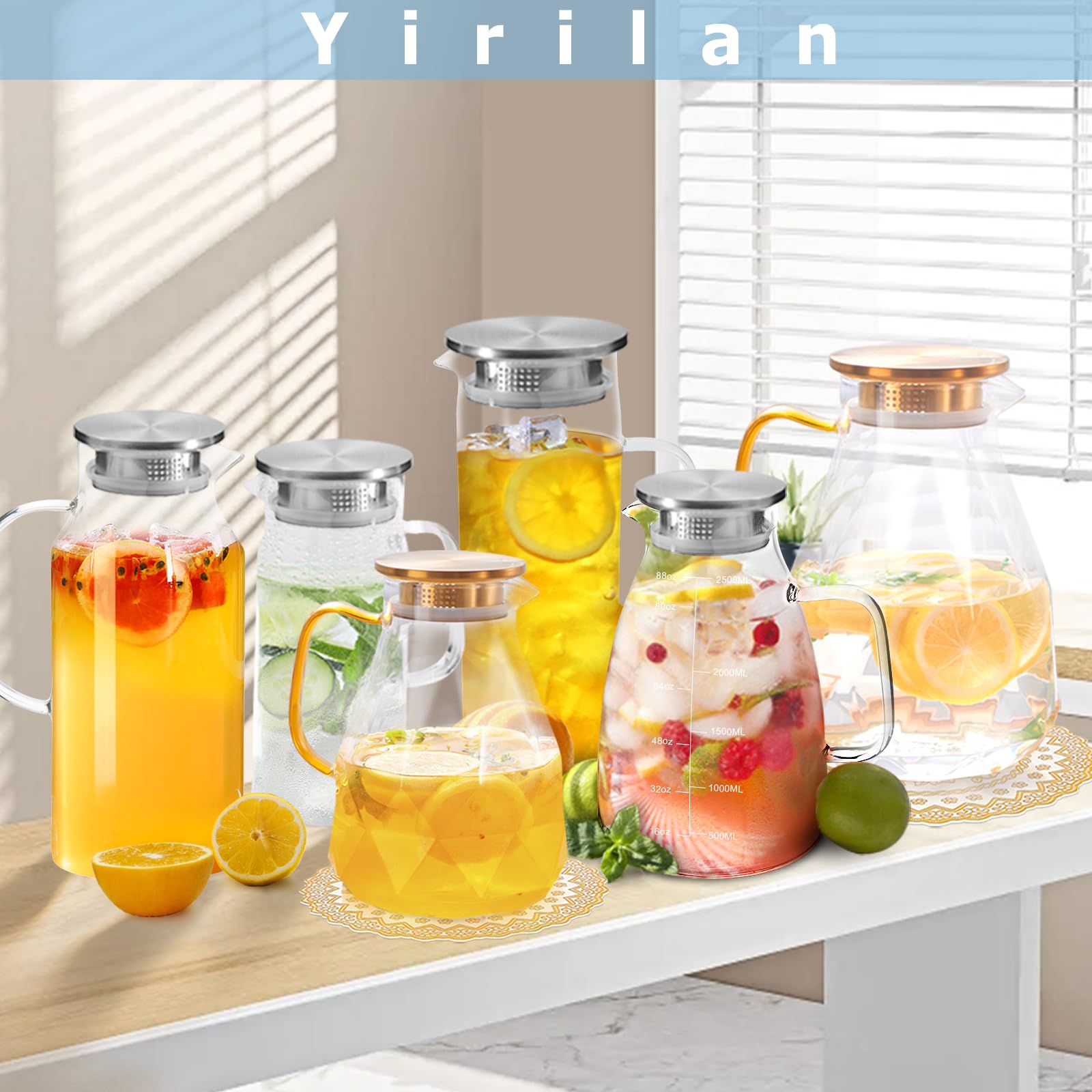 Yirilan Glass Pitcher, 2 Liter/68 OZ Water Pitcher with Lid and Spout, Large Pitchers for Drinks,Glass Water Carafe,Glass Jug,Beverage Pitcher.